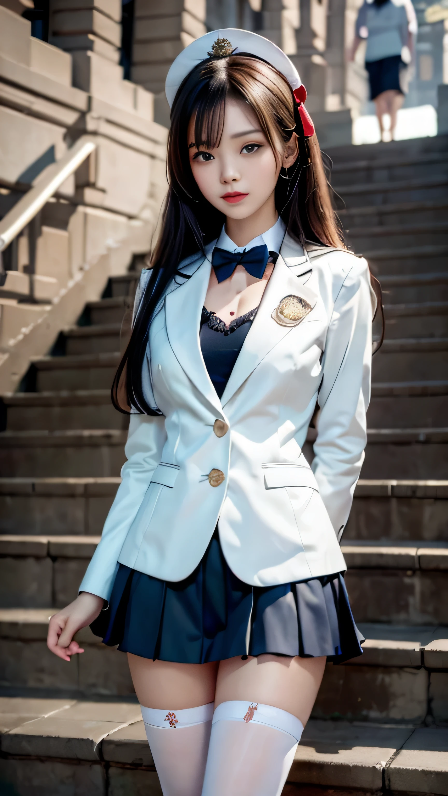 (Girl Standing On School Steps)，charming eyes，heartwarming action，turn away from the camera，raise your head，thick long black hair，highly detailed body，highly detailed face，highest quality、(P私NK Underwear),(high school girl),((white blazer、chest emblem))、(white blouse),((red bow tie)),((navy check flare skirt)),(black stockings)、(smile)