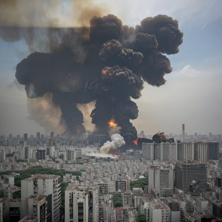 The city of Tokyo is destroyed, smoke everywhere, Destroyed buildings, fogo e etc.