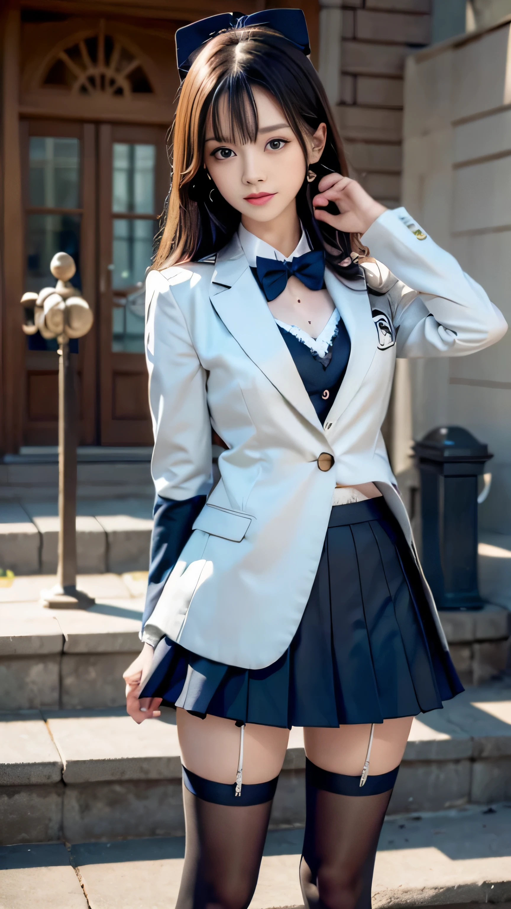 (Girl Standing On School Steps),charming eyes,heartwarming action,turn away from the camera,raise your head,thick long black hair,highly detailed body,highly detailed face,highest quality、(P私NK Underwear),(high school girl),((white blazer、chest emblem))、(white blouse),((red bow tie)),((navy check flare skirt)),(black stockings)、(smile)