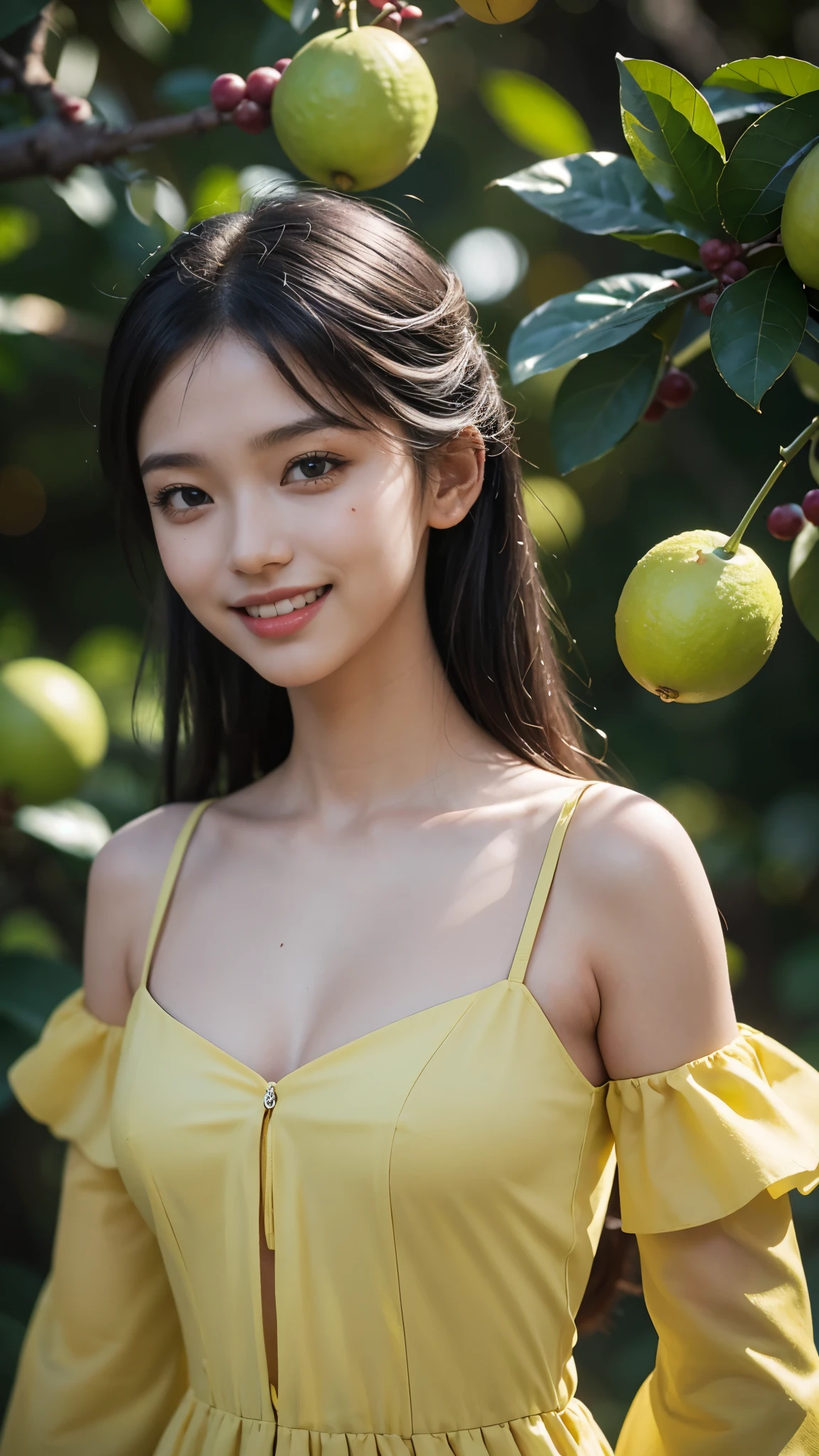 8k, masterpiece, RAW photo, best quality, photorealistic, extremely detailed CG unity 8k wallpaper, Depth of field, Cinematic Light, Lens Flare, Ray tracing, (extremely beautiful face, beautiful lips, beautiful eyes), intricate detail face, ((ultra detailed skin)) 1girl, in the dark, deep shadow, pretty Asian girl, idol, 1 girl, (very slim slender fit-muscled body:1.3), ((looking at viewer)),((big smile:1.3)), Women Summer Buffing Sleeve Off Shoulder Mini Dress a Line Flowy Swing Dress, lime green, verde claro, cetim, Este, vestido de cetim, organza silk, ((Standing in front of Guava Fruits trees)), ((too many Guava Fruits in trees)), ((Perfect yellow Guava Fruits))