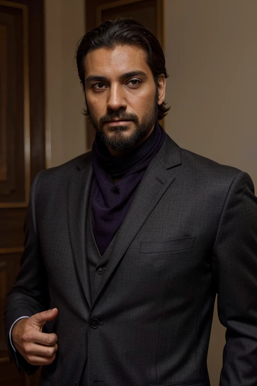 generates a man of elegant bearing about 35 years old, con barba al estilo turco, ojos color miel claro, de altura 1.90 metros, usando un traje ????? con cuello de tortuga y bufanda morada