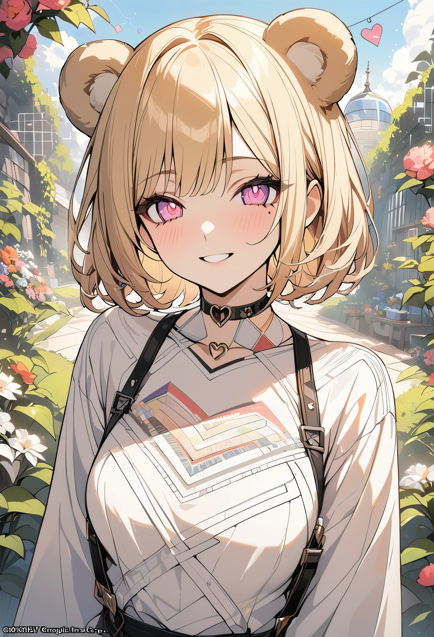 1 girl, blonde bob hair, heart shaped eyes, bear ears,whole body, {girl with blonde bob hair named nao}, (Pink eye color), (smile), bright background , mole under eye, Star-shaped choker, (masterpiece, highest quality), very detailed, highest quality, official art, beautiful and aesthetic: 1.2), (1 girl), very detailed, (geometry art: 1.3), colorful, most detailed ,（garden,beautiful flower々）, (masterpiece, highest quality), official art, beautiful and aesthetic: 1.2), (1 girl), very detailed, (geometry art: 1.3), colorful