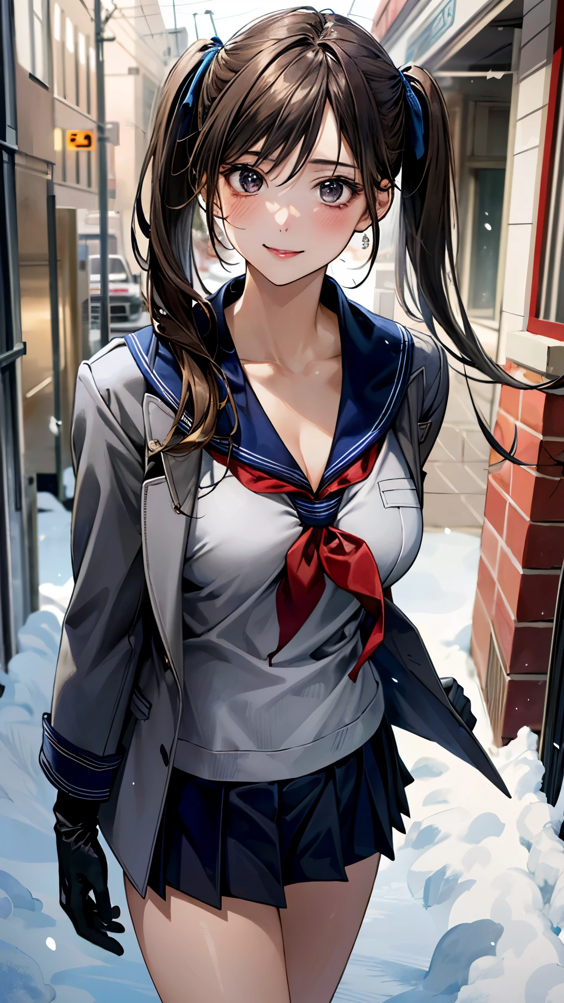 (masterpiece:1.3, top-quality, ultra high res, ultra detailed), (realistic, photorealistic:1.4), beautiful illustration, perfect lighting, natural lighting, colorful, depth of fields, surrealism,
beautiful detailed hair, beautiful detailed face, beautiful detailed eyes, beautiful clavicle, beautiful body, beautiful chest, beautiful thigh, beautiful legs, beautiful fingers, 
looking at viewer, 1 girl, japanese, 14 years old, (perfect anatomy, anatomically correct), cute and symmetrical face, babyface, perfect face, shiny skin, 
(middle hair:1.7, twintails:1.4, light brown hair), hair between eyes, brown, , long eye lasher, (large breasts:0.5, seductive thighs), , 
(((gray medium coat, muffler, knitted gloves), navy pleated skirt, navy sailor collar, red sailor scarf)), 
(beautiful scenery), winter, evening, (downtown), snow, snowfall:1.5, freezing weather, frost, walking, extremely sexy, (happy smile), 
