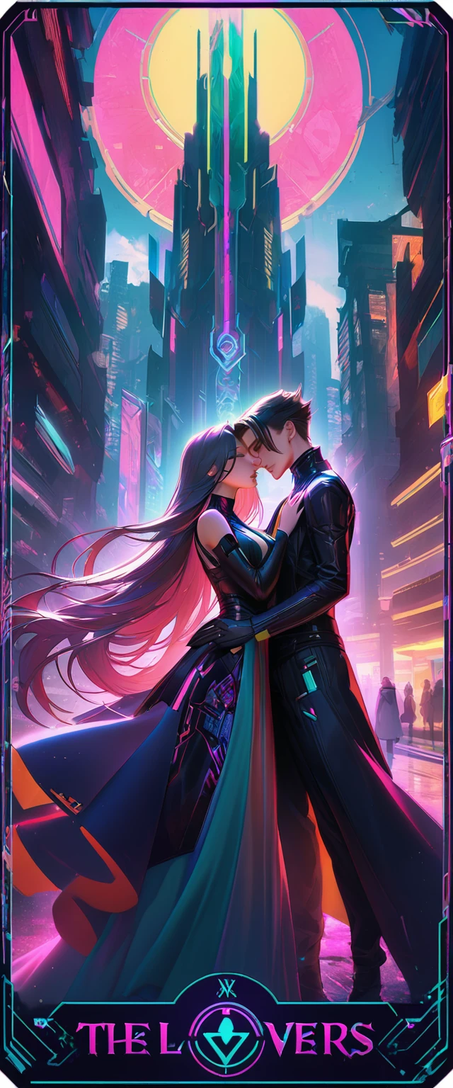 Tarot cards, (The lovers tarot card), cyberpunk style, bright and warm colors,, The lovers stands together in bright futuristic city, romantic couple, The lovers standing together, tender embrace, passionate kiss, loving gaze, elegant attire, fashionable cyberpunk outfits, expressive eyes, luscious lips, long flowing hair,, green card border, the word THE LOVERS inscription detailed, 8k, bordered tarot card style

