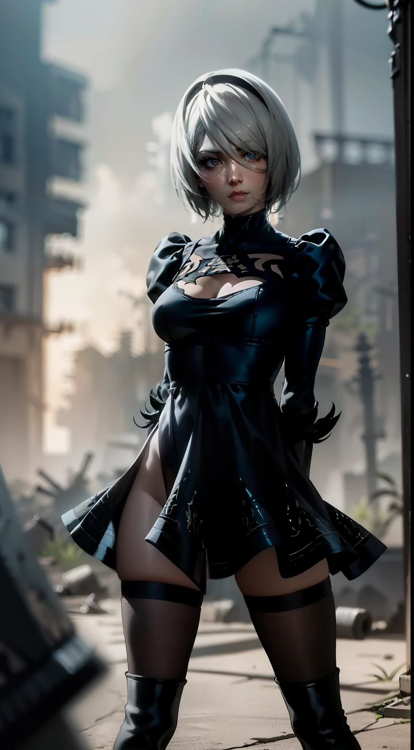 Realistic details, Black short skirt, anime, (Based on Nier slot machines) hands behind back together, perfect body, Ideal girl, Perfect details, Ultra HD |, 8 k, professional photo, Anime Style 2B, extremely detailed (Very beautiful blue eyes), destroyed slums, I&#39;m standing in a fighting stance, Fighting pose, green gas, Fog, mysterious style, night, explosions, flash, mysterious style, чрезвычайно подробные обои CG Unity 8k, Detailed light, cinematic lighting, Chromatic aberration, sparkling, inexpressive, чрезвычайно подробные обои CG Unity 8k, Detailed light, Jinx's character design, Epic composition, dark in the background, very detailed, detailed body, detailed face, sharp focus, sharp focus, Very downcast face, detailed eyes, super lovely illustration, best shadow, finely detail, beautiful detailed glow, beautiful detailed, extremely detailed, inexpressive, Epic composition, Unreal EngineСтиль графики Copy, Presented at artstation, full height, standing, Octane render, cgsociety, Artstation HD, cinematic, cgsociety 4 к, Hypermaximalist, He\(league of legends\)