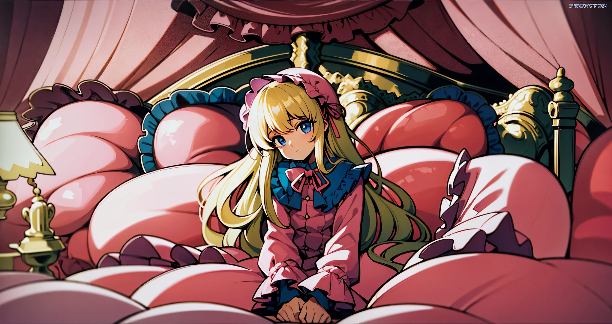 ,highest quality, masterpiece, highest resolution, artwork, super それにget used to it, many get used to it, get used to it, それにget used to it, 3K anime illustration,(( 10 year old girl)),Super detailed baby face,high quality small face,blue eyes,白い肌のeuropean,pajamas, european,(((super long blonde hair))),curly hair,blue eyes,((((ピンクのロリータファッションのlong skirtのワンピースドレス)))),((Pink dress with lots of frills and ribbons)),((A luxurious nightcap with frills and ribbons)),detailed headdress,,(((big yoke collar))),Yoke collar with ruffles and ribbons,((((long sleeve)))),ruffle sleeves,((((long skirt)))),white ruffle and lace socks,large frill and ribbon pillow,(((Nice pink outfit))),豪華なcanopy bedの上,canopy bed,The bed is surrounded by luxurious curtains,many frilly pillows on the bed,There are many frilly pillows behind the girl.,super detailed background,detailed bed,soft pink comforter,Highly detailed soft ruffle pillow,Beautiful girl illustration,detailed beautiful face,thin hair,detailed eye ,detailed eyes,detailed mouth, arm details,fine hands,Detailed pillow,wide bed,Illustration on the bed, ,((((round futon)))),((((A large ruffled futon that covers the entire bed)))),detailed comforter,detailed bedシーツ,Before bedtime,romantic atmosphere,palace bedroom,((((The lower half of the body is hidden under the futon and the puffy skirt.......)))) The girl is leaning on a pile of pillows, ,((((round futon)))),((((A large ruffled futon that covers the entire bed)))),((((not wearing shoes)))),