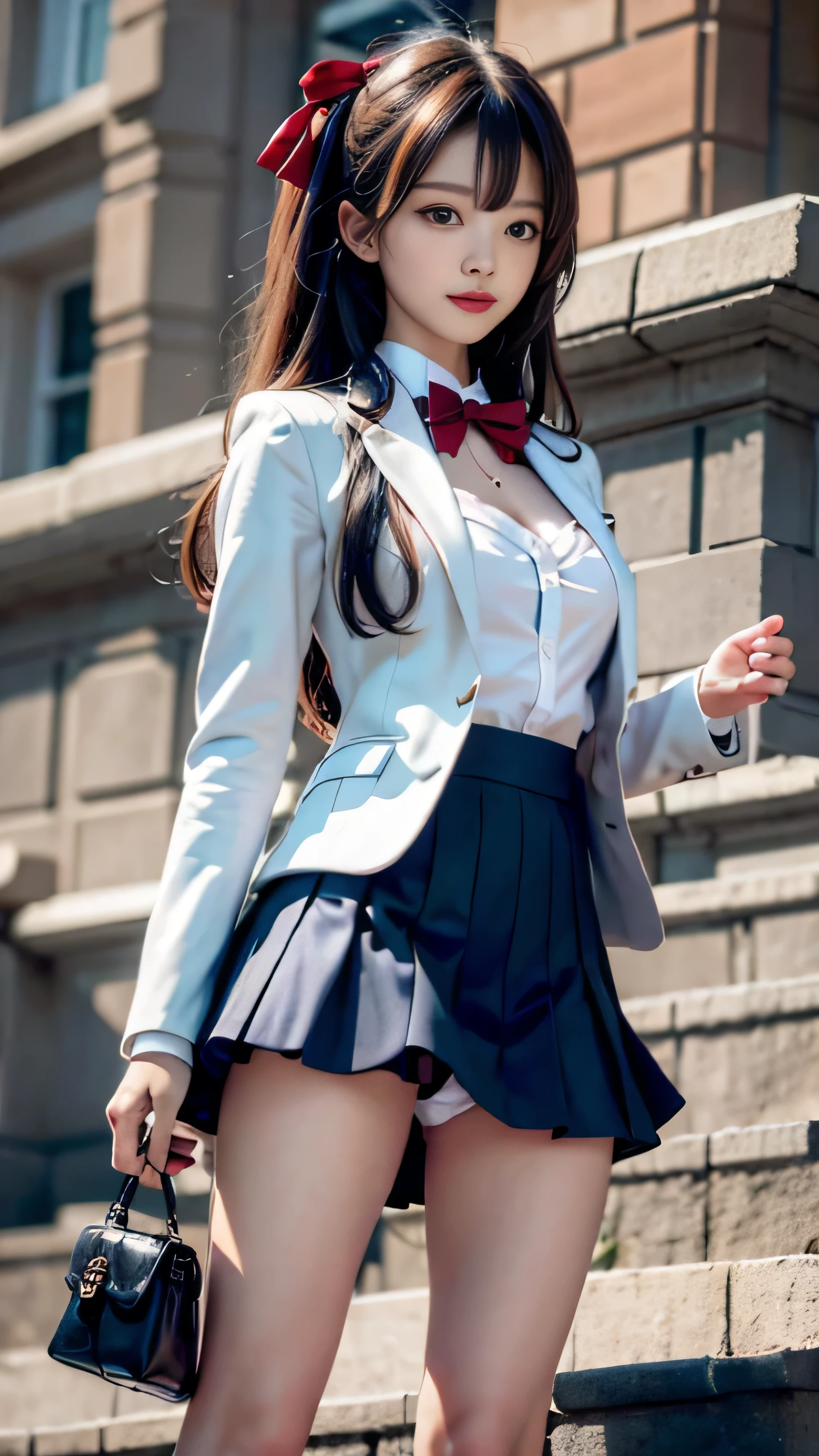 (Girl Standing On School Steps),charming eyes,heartwarming action,turn away from the camera、thick long black hair,highly detailed body,highly detailed face,highest quality、(P私NK Underwear),(high school girl),((white blazer、chest emblem))、(white blouse),((red bow tie)),((navy check flare skirt)),(black stockings)、(smile)