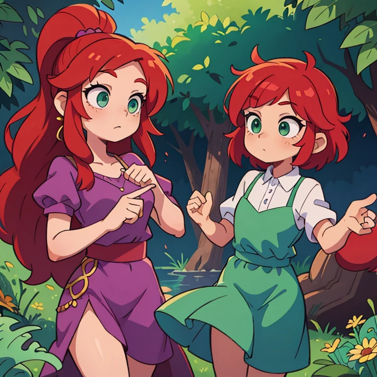 ((masterpiece, Best quality)), ((style-swirlmagic):0.4) Princess red hair , green eyes, purple dresses ,fantasies ,Cute, Beautiful