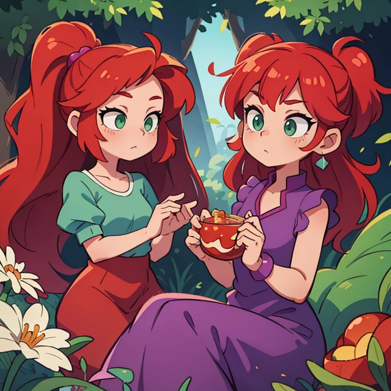 ((masterpiece, Best quality)), ((style-swirlmagic):0.4) Princess red hair , green eyes, purple dresses ,fantasies ,Cute, Beautiful
