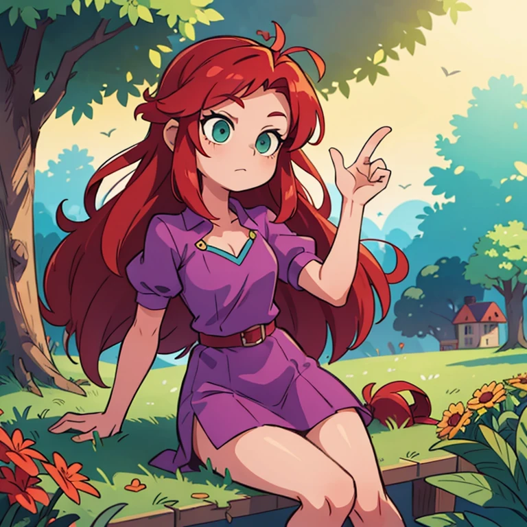((masterpiece, Best quality)), ((style-swirlmagic):0.4) Princess red hair , green eyes, purple dresses ,fantasies ,Cute, Beautiful
