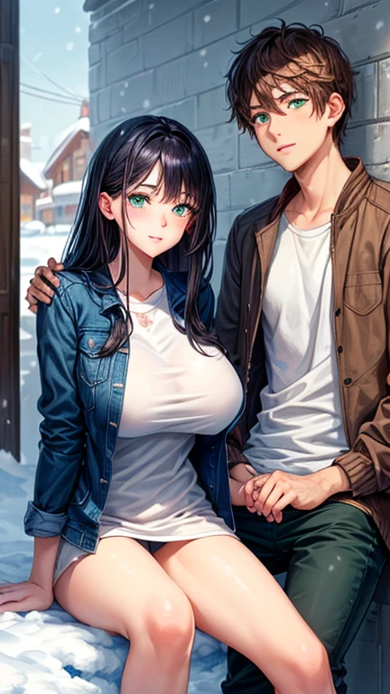 ((best quality)), ((masterpiece)), (detailed), perfect face couple, hetero, 1 girl & 1 boy, 1 girl, huge tits, dark blue hair, green eyes, straight hair, long hair, 1 boy, brown hair, wearing T-shirt and jacket, snow day, boy & girl sitting under wall