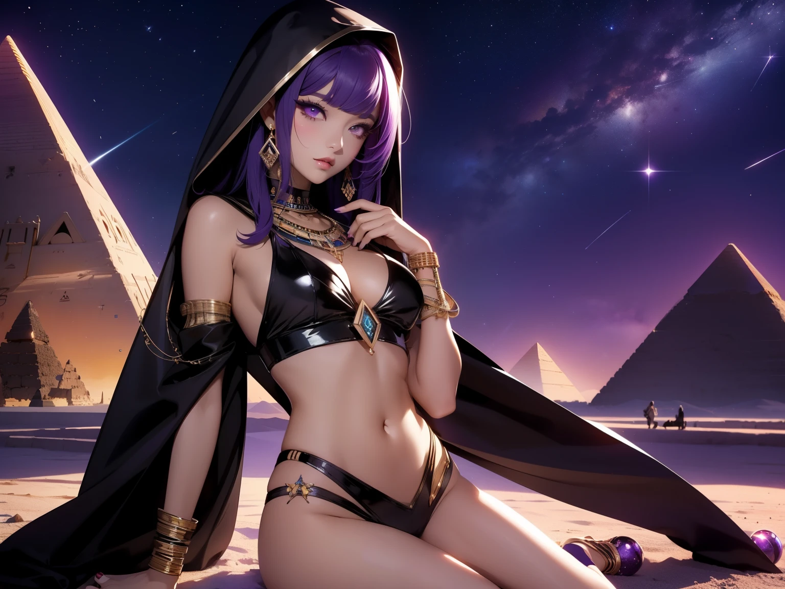 1girl, solo, korean popstar, (eyeshadow, eyelashes, eyeliner, glossy lips, full lips), 1girl, hood, (ishizu ishtar, brown skin, purple eyes), (background, night, starry sky, moonlight, desert, pyramid \(structure\)), (serious, light frown, shining eyes), naked, jewelry, long hair, breasts, dark skin, hood, necklace, perky breasts, dark-skinned female, egyptian, eye of horus, full body, standing, spread legs, seductive pose