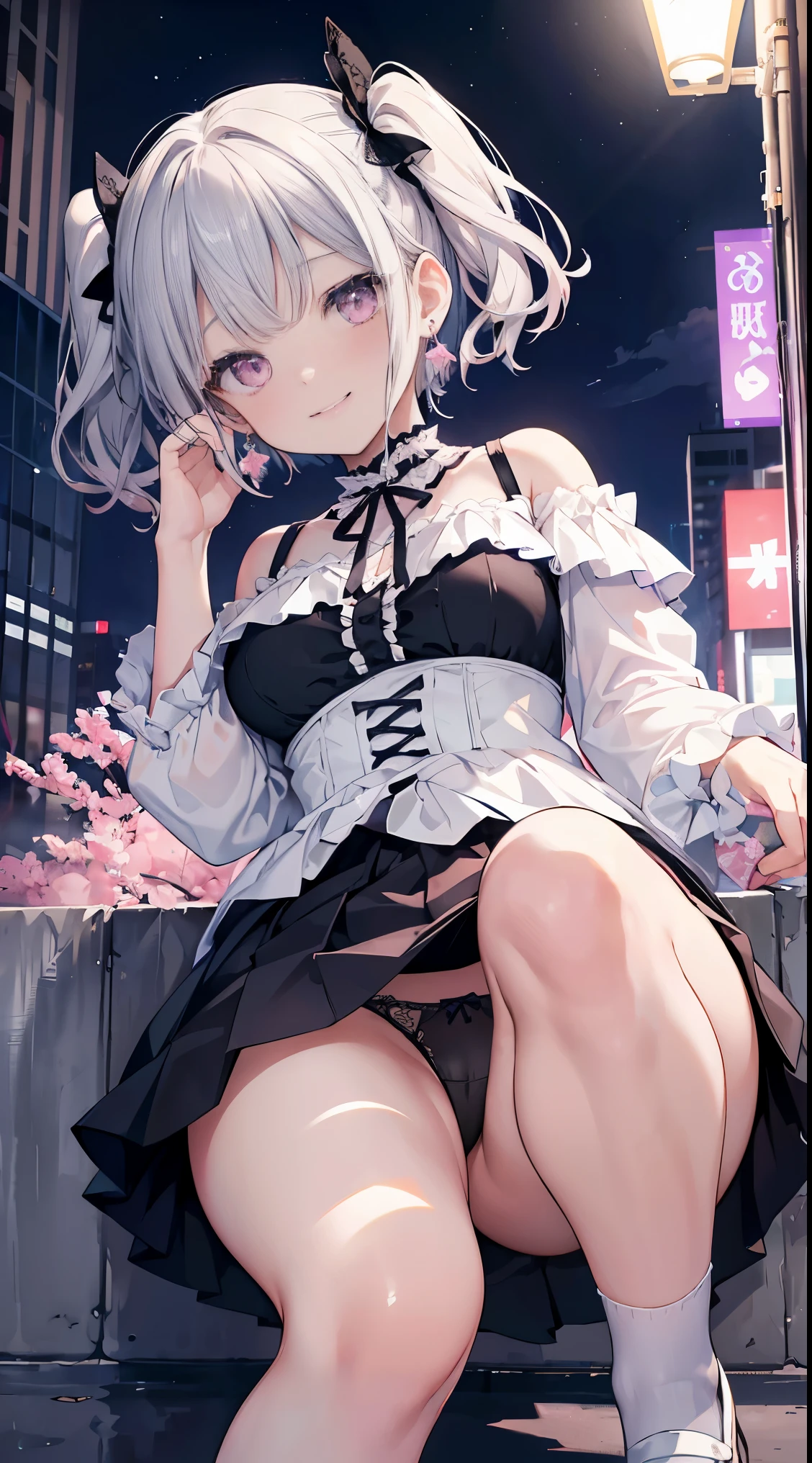 (8K、best image quality、highest quality、masterpiece)、detailed face、1 girl、shiny silver hair、short hair、dull bangs,、twin tails、wavy hair、pink eyes、earrings、grin、Moderate chest、pink frilly clothes、off shoulder、black ribbon、black pleated skirt、mini skirt、white socks、leather shoes、thick bottom、squat、put your hand on your face、((Ice blue detailed panties))、shot from below、night downtown background、beautiful curves、Detailed lace lingerie、lewd