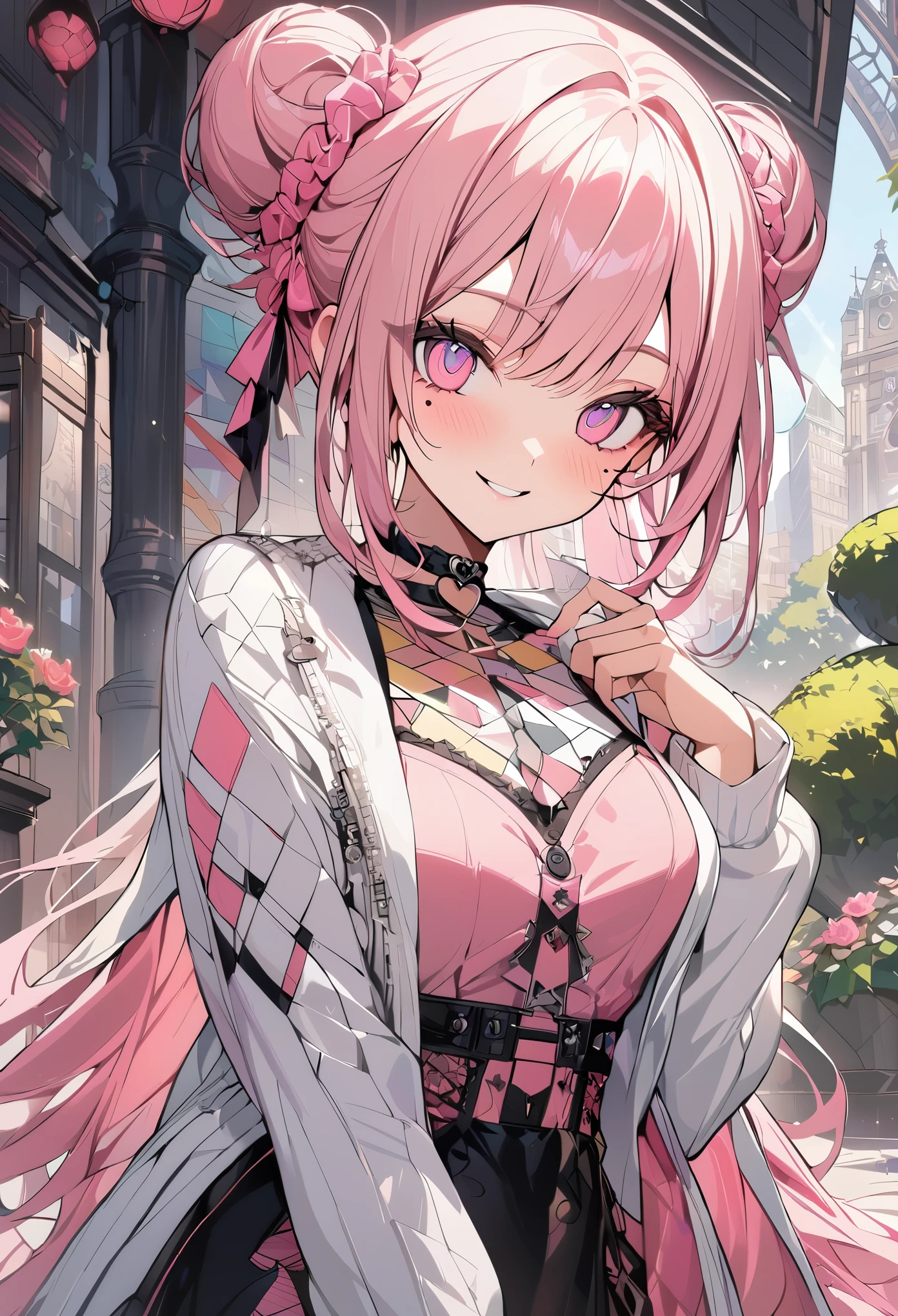 1 girl, pink long bun hair, heart shaped eyes,bear ears, {Pink bob hair bun girl、 The name Nami}, (Pink eye color), {downtown}, (smile), bright background , mole under eye, heart shaped choker, (masterpiece, highest quality), very detailed, highest quality, official art, beautiful and aesthetic: 1.2), (1 girl), very detailed, (geometry art: 1.3), colorful, most detailed ?d1 girl, pink long bun hair, Eye of the symbol, +__+, gothic costume, {A girl with long pink bun hair The name Nami}, (Pink eye color), {downtown}, (smile), bright background, （garden,beautiful flower々）,mole under eye, heart shaped choker, (masterpiece, highest quality), official art, beautiful and aesthetic: 1.2), (1 girl), very detailed, (geometry art: 1.3), colorful