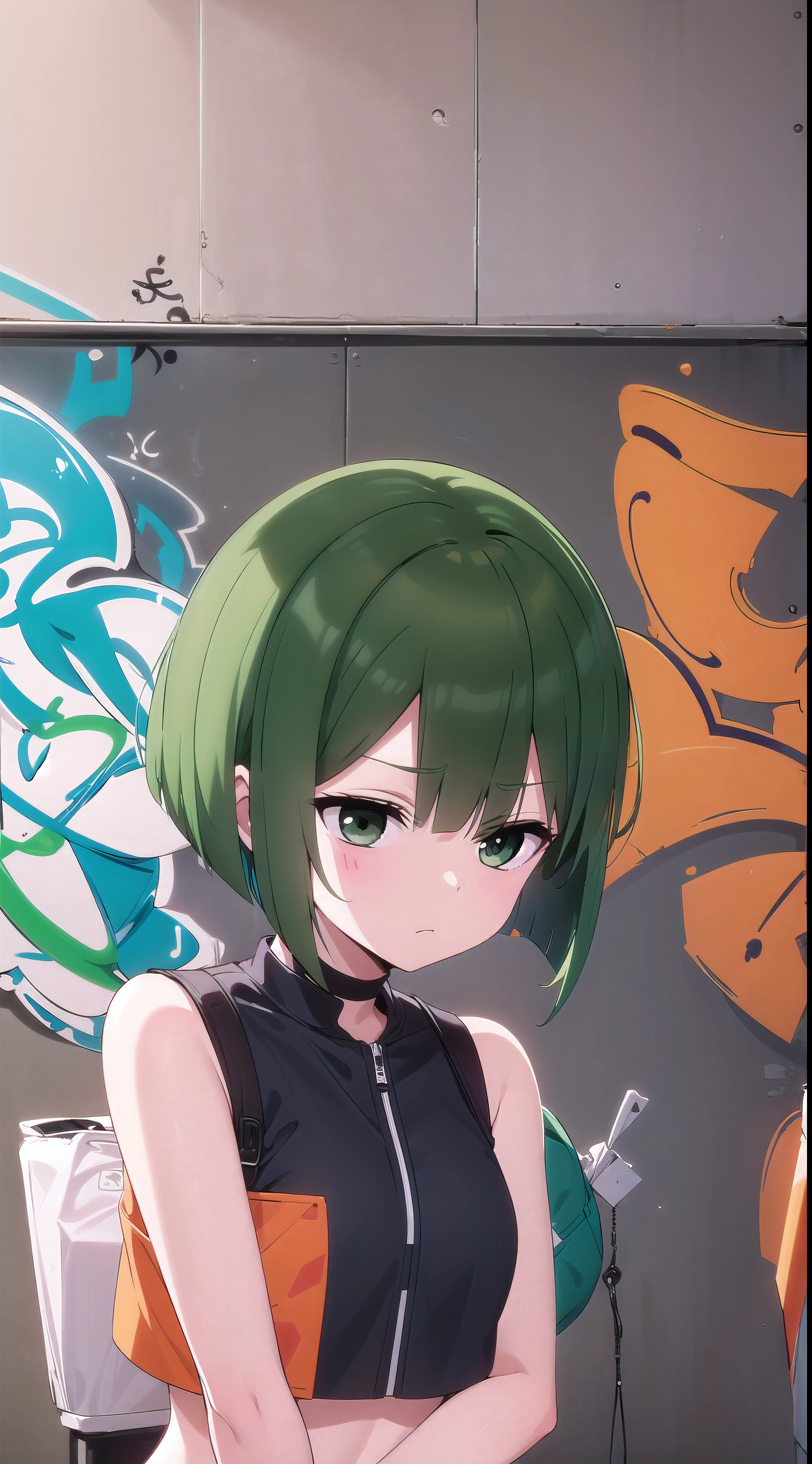 masterpiece, best quality, 1girl, solo, stylish crop top, vibrant green hair, bobhair, short-hair, short bob hair, (((bobcut))), ((haircut:1.3)), undercut, bobbed hair, minibob, sidecut, (sliced_bob), sidecut, side of head shaved, green eyes, graduation bob, straight short hair, short hair above the ears, Shot diagonally from the side, elegant braid, soft bangs, upper body, alluring choker, (graffiti:1.5), artistic paint splatter, seductive arms behind back, leaning against wall, exposed back, fashionable armband, urban hiphop style, flirty skirt, playful head tilt, intense expression, warm orange, dynamic asymmetrical design, bold geometric shapes, creative street art