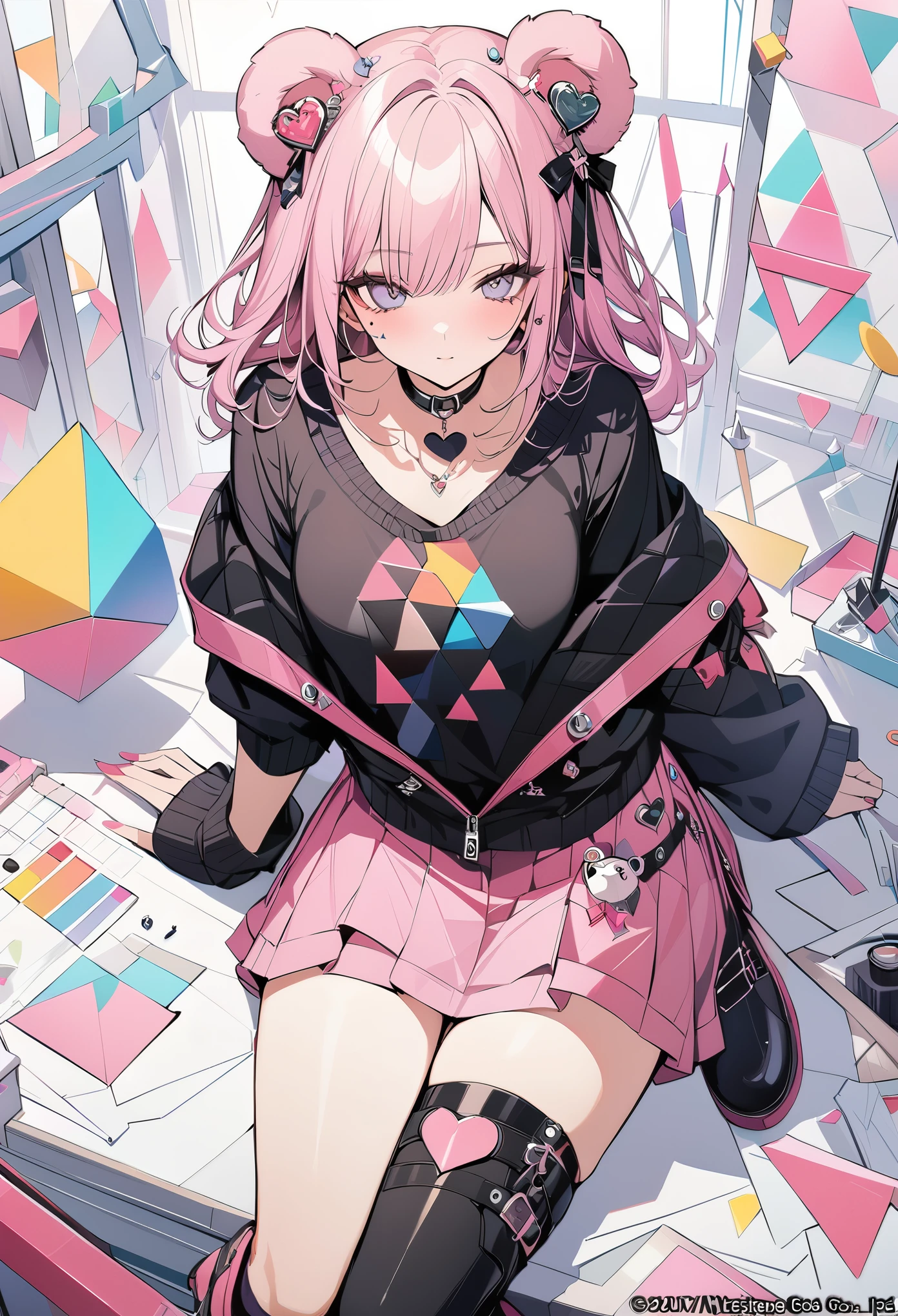 ,beautiful flower々）,mole under eye, heart shaped choker, (masterpiece, highest quality), official art, beautiful and aesthetic: 1.2), (1 girl), very detailed, (geometry art: 1.3), colorful、pink bob hair、bear ears、 whole body、black jumper、pink mini skirt、knee high boots