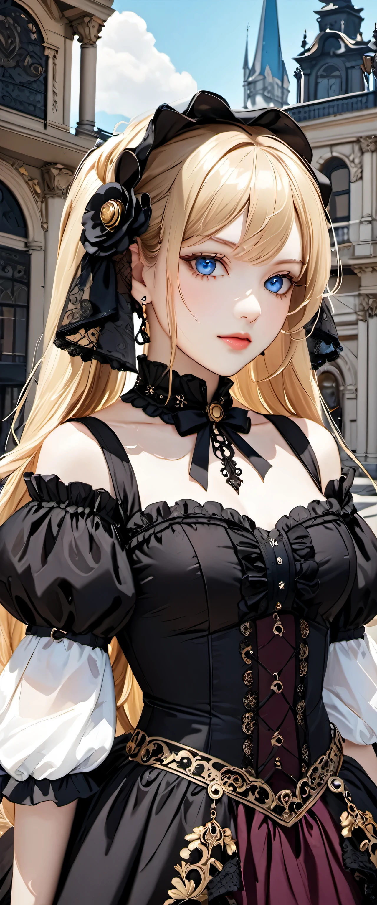 woman wearing dress and boots , baroque dress, wearing a detailed steampunk dress, elegant gothic princess, victorian gothic lolita fashion, historical baroque dress dark, black gothic lolita dress, fantasy style clothing, rococo dress, black rococo,  fantasy costume, wearing a gothic dress, romantic dress, gothic dress,blonde,,(((upper body portrait)))blue eyes,city