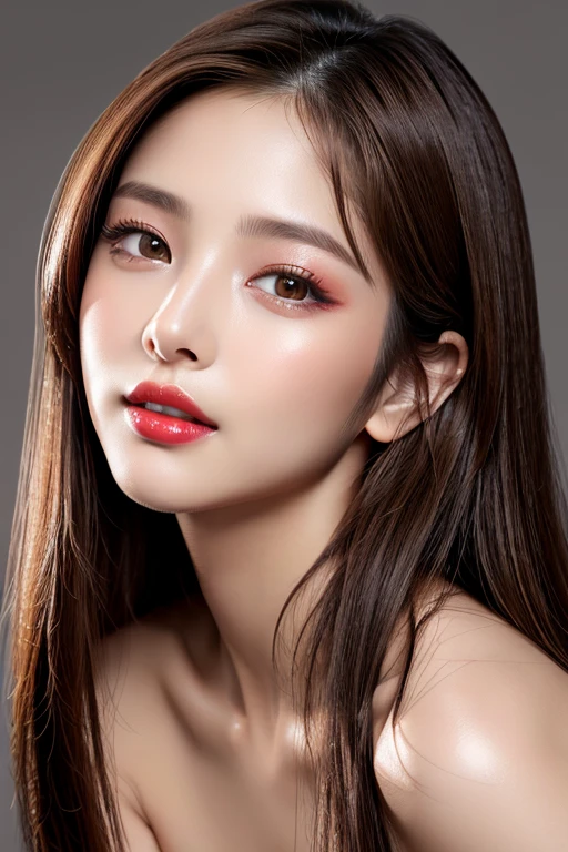 (highest quality、table top、8K、best image quality、Award-winning work)、(one young girl, :1.3)、(red eyeshadow:1.2)、perfect makeup、long eyelashes、Super high-definition sparkling eyes、ultra high definition hair、ultra high resolution glossy lips、Super high resolution perfect teeth、Super high resolution cute face、brown hair、(very long straight hair:1.1)、look at me and smile、[clavicle]、accurate anatomy、(close up of face:1.5)、Luxury love hotel、(The most moody warm lighting:1.2)、blurred background、Super high-resolution glossy and moisturized face、Super high resolution glowing skin、most detailed face、Ultra high resolution detailed faces、ultra high resolution hair、Super high resolution sparkling eyes、Beautiful face drawn in every detail、Super high resolution glossy red lips、(((Naked 1.5)))、(((full nude 1.5)))、(Emphasize the chest1.5)、