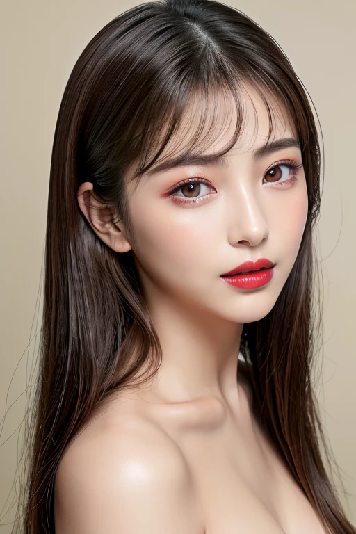 (highest quality、table top、8K、best image quality、Award-winning work)、(one young girl, 14 years old:1.3)、(red eyeshadow:1.2)、perfect makeup、long eyelashes、Super high-definition sparkling eyes、ultra high definition hair、ultra high resolution glossy lips、Super high resolution perfect teeth、Super high resolution cute face、brown hair、(very long straight hair:1.1)、look at me and smile、[clavicle]、accurate anatomy、(close up of face:1.5)、Luxury love hotel、(The most moody warm lighting:1.2)、blurred background、Super high-resolution glossy and moisturized face、Super high resolution glowing skin、most detailed face、Ultra high resolution detailed faces、ultra high resolution hair、Super high resolution sparkling eyes、Beautiful face drawn in every detail、Super high resolution glossy red lips、(((Naked 1.5)))、(((full nude 1.5)))、(Emphasize the chest1.5)、