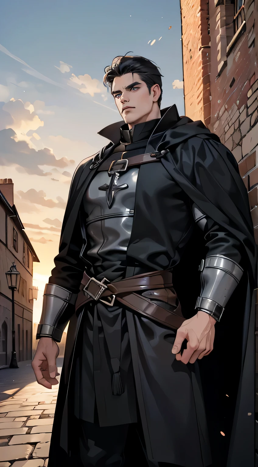 Middle aged man, Eyes looking to camera, Perfect male body, epic character, (handsome, Tall and strong, muscular,black hair,Frown, black coat,stand in medieval town),dramatic shadow, Ray Tracing,(masterpiece, high resolution, perfect eyes, ultra - detailed:1.0)