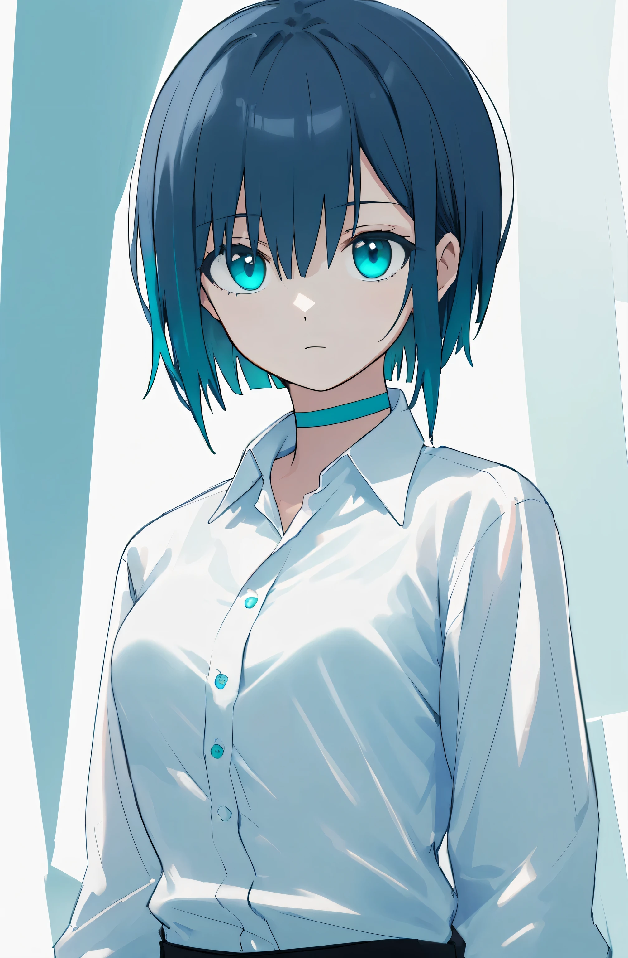 (((Masterpiece))), white background:1.1, solo, looking at viewer, (((:i face))),  slender body, teal colored hair, (((short straight hair:1.2))), turquoise colored eyes, slight glow in eyes, black chocker, (((business casual white shirt:1.3))), full body, focus on upper body, white background