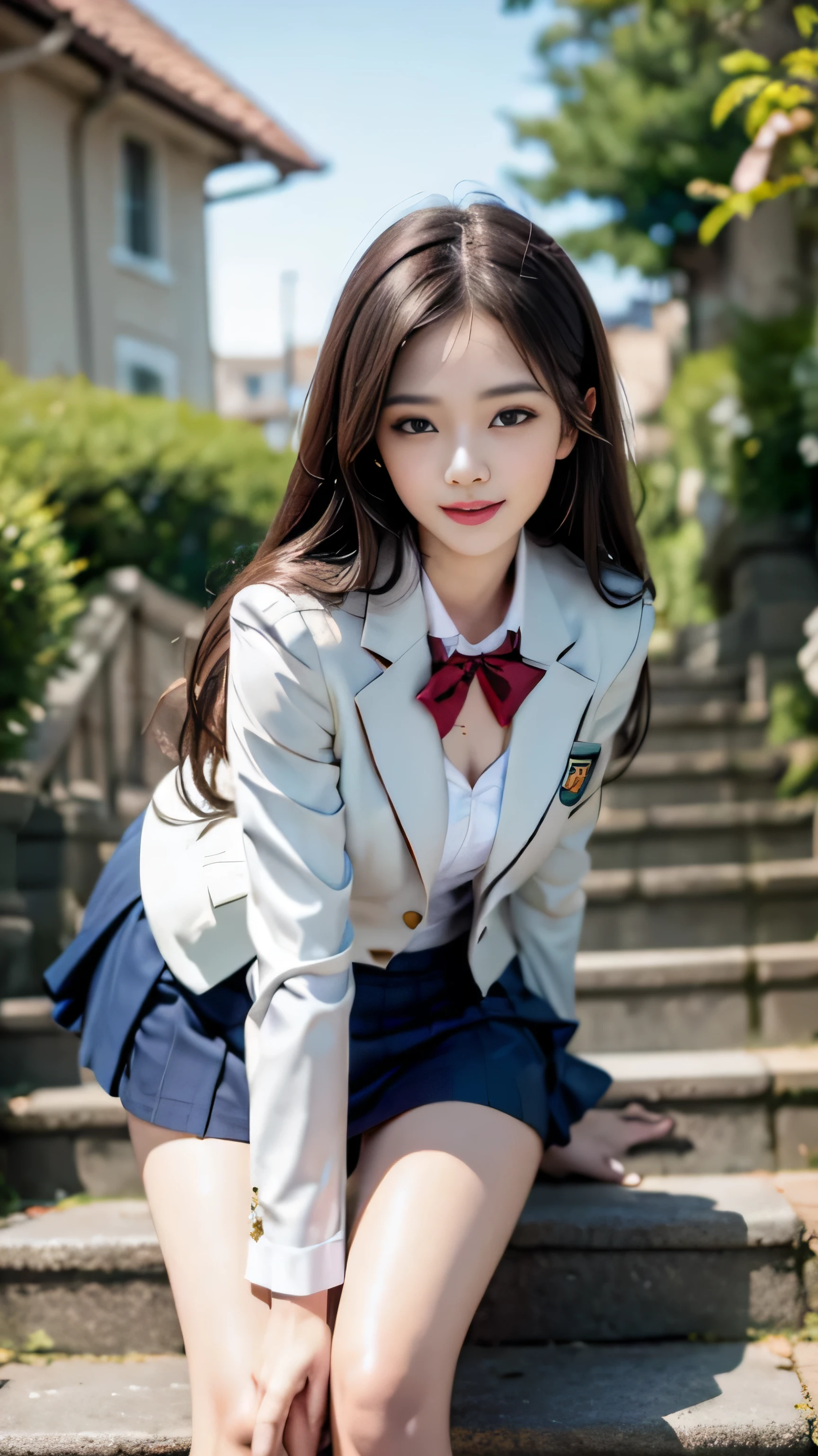 (Girl Standing On School Steps),charming eyes,heartwarming action,turn away from the camera,bent down,bend over,turn back,raise your head,thick long black hair,highly detailed body,highly detailed face,highest quality、(P私NK Underwear),(high school girl),((white blazer、chest emblem))、(white blouse),((red bow tie)),((navy check flare skirt)),(black stockings)、(smile)