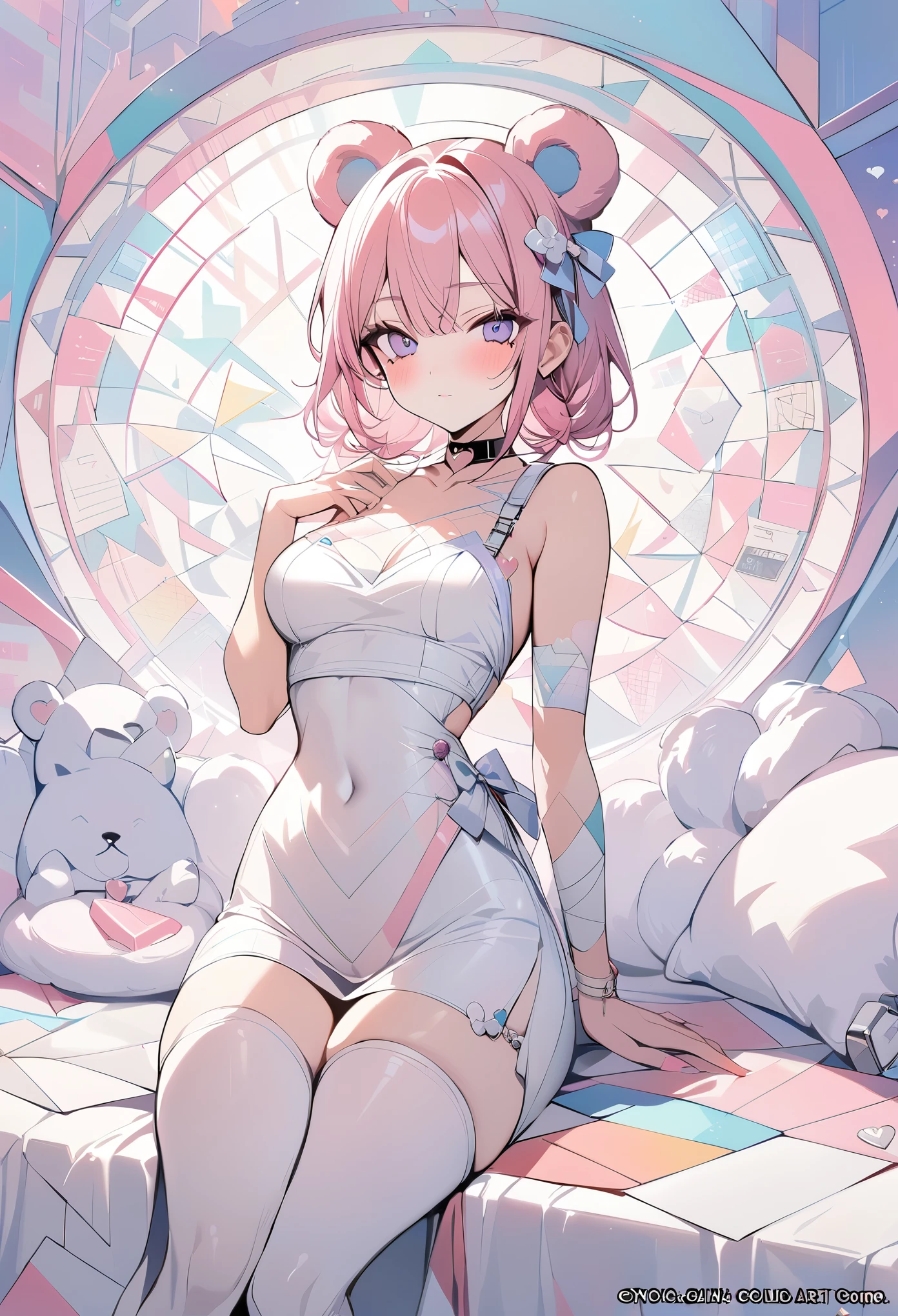 ,beautiful flower々),mole under eye, heart shaped choker, (masterpiece, highest quality), official art, beautiful and aesthetic: 1.2), (1 girl), very detailed, (geometry art: 1.3), colorful、pink bob hair、bear ears、 whole body