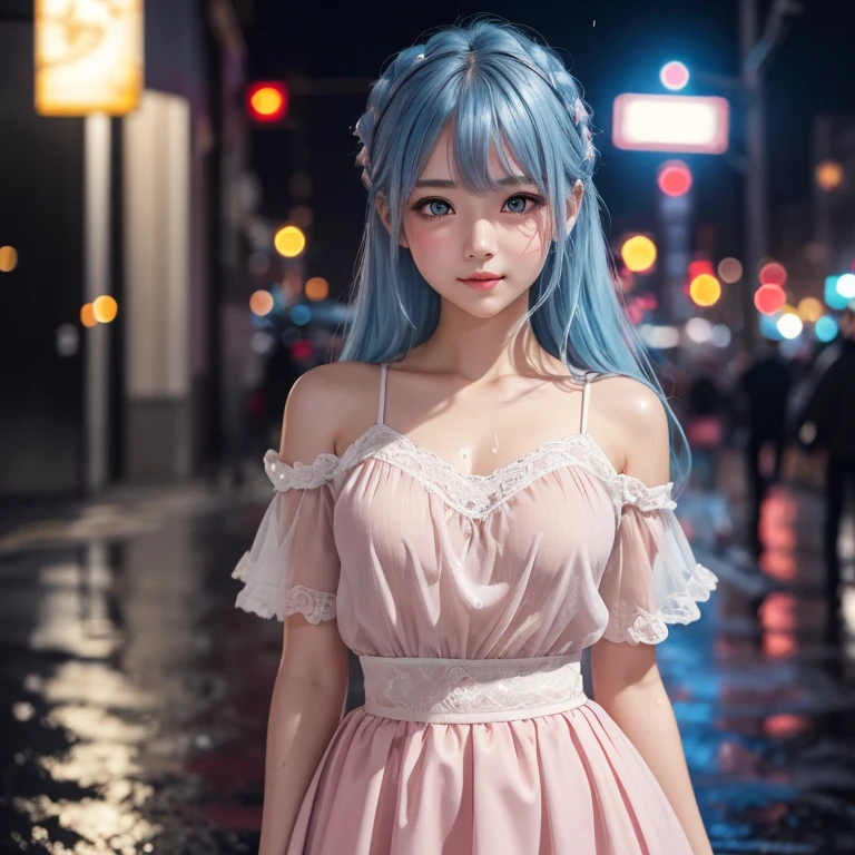 Super delicate and cute girl with pink hair and ta skirt. 8K ultra-high image quality, fine texture.best quality, masterpiece, ultra high resolution, Surrealism, ,pretty girl, luminescent, actual, masterpiece, high detail, 4K, , light, small smile, White skin、top quality,HD details, wet watermark, Ultra-detailed, soft light, Deep field focus bokeh, Ray tracing, diffusion (Ultra-fine glass reflection) Pictures of Sumet, masterpiece, best quality, delicate skin, 1 girl,bright face,nice nose,Reddish-brown hair,show the whole body,Toddler girl, Super detailed faces, delicate lips, delicate eyes, double eyelids, Eyes that look like sunshine,blue hair,damp,sexy,split,blush,Squint,Mouth slightly open,,rain,wet,Streetside at night,sexy的,,Chest 3:1,transparent clothes,Full body in camera