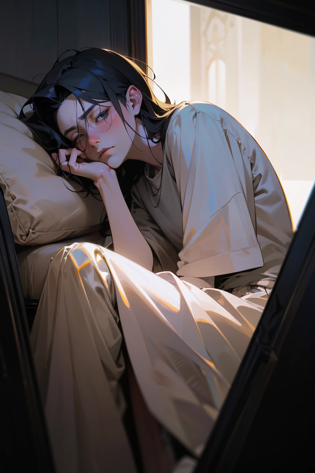 (Sakimical Frank Franchetta, Heise Jinyao). portrait. Masterpiece, prime quality, realistic portrait of 1 man. A tall, lean man with a weary posture, around 22 years old; his look reflects the embodiment of insomnia - perpetual fatigue. His eyes, deep and hollow, beautiful yet sad, as if they've witnessed endless sleepless nights. His skin, quite pale, almost as if it rarely sees the light of day. His hair is unkempt, reinforcing the sense of constant restlessness. He's dressed in monochromatic clothing—desaturated colors, nothing too harsh to jar the senses—a style that mirrors the simplicity of the night when most are asleep. His entire demeanor suggests an eternal struggle with sleep - he should look neither completely awake nor fully rested. His presence is a quiet whisper, a marked contrast to the loud scream of the insomnia he personifies.
