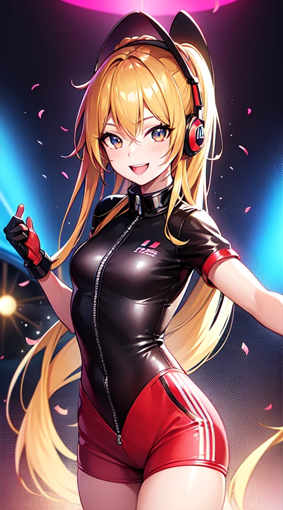 anime girl,short mini red jumpsuit, unzip to belly, headphones,DJ turntable set,club lighting,stage,confetti,dancing,smiling,(best quality:1.2),(ultra-detailed:1.2),(realistic:1.37),HDR,vivid colors,portraits,shorts,headphone girl,energetic pose,colorful lights,stage set,confetti raining,joyful expression,dance floor ,anime style, atmosphere,techno music,electronic dance music,festival vibes,hip hop beats,festival outfit,energetic dance moves,expressive eyes,long braided hairstyle with vibrant blonde color, brown eyes, elaborate makeup neon lights,beaming smile,positive vibes,high-energy performance,stylized backgrounds,colorful visuals,excitement in the air, full body portrait