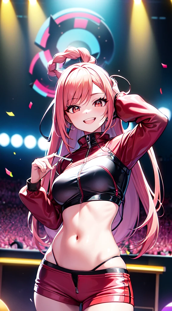 anime girl,short mini red  jumpsuit, unzip to belly, headphones,DJ turntable set,club lighting,stage,confetti,dancing,smiling,(best quality:1.2),(ultra-detailed:1.2),(realistic:1.37),HDR,vivid colors,portraits,shorts,headphone girl,energetic pose,colorful lights,stage set,confetti raining,joyful expression,dance floor ,anime style, atmosphere,techno music,electronic dance music,festival vibes,hip hop beats,festival outfit,energetic dance moves,expressive eyes,long braided hairstyle with vibrant blonde color, brown eyes, elaborate makeup neon lights,beaming smile,positive vibes,high-energy performance,stylized backgrounds,colorful visuals,excitement in the air, full body portrait 