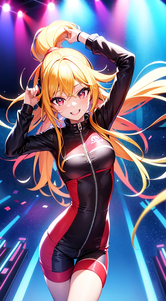 anime girl,short mini red jumpsuit, unzip to belly, headphones,DJ turntable set,club lighting,stage,confetti,dancing,smiling,(best quality:1.2),(ultra-detailed:1.2),(realistic:1.37),HDR,vivid colors,portraits,shorts,headphone girl,energetic pose,colorful lights,stage set,confetti raining,joyful expression,dance floor ,anime style, atmosphere,techno music,electronic dance music,festival vibes,hip hop beats,festival outfit,energetic dance moves,expressive eyes,long braided hairstyle with vibrant blonde color, brown eyes, elaborate makeup neon lights,beaming smile,positive vibes,high-energy performance,stylized backgrounds,colorful visuals,excitement in the air, full body portrait