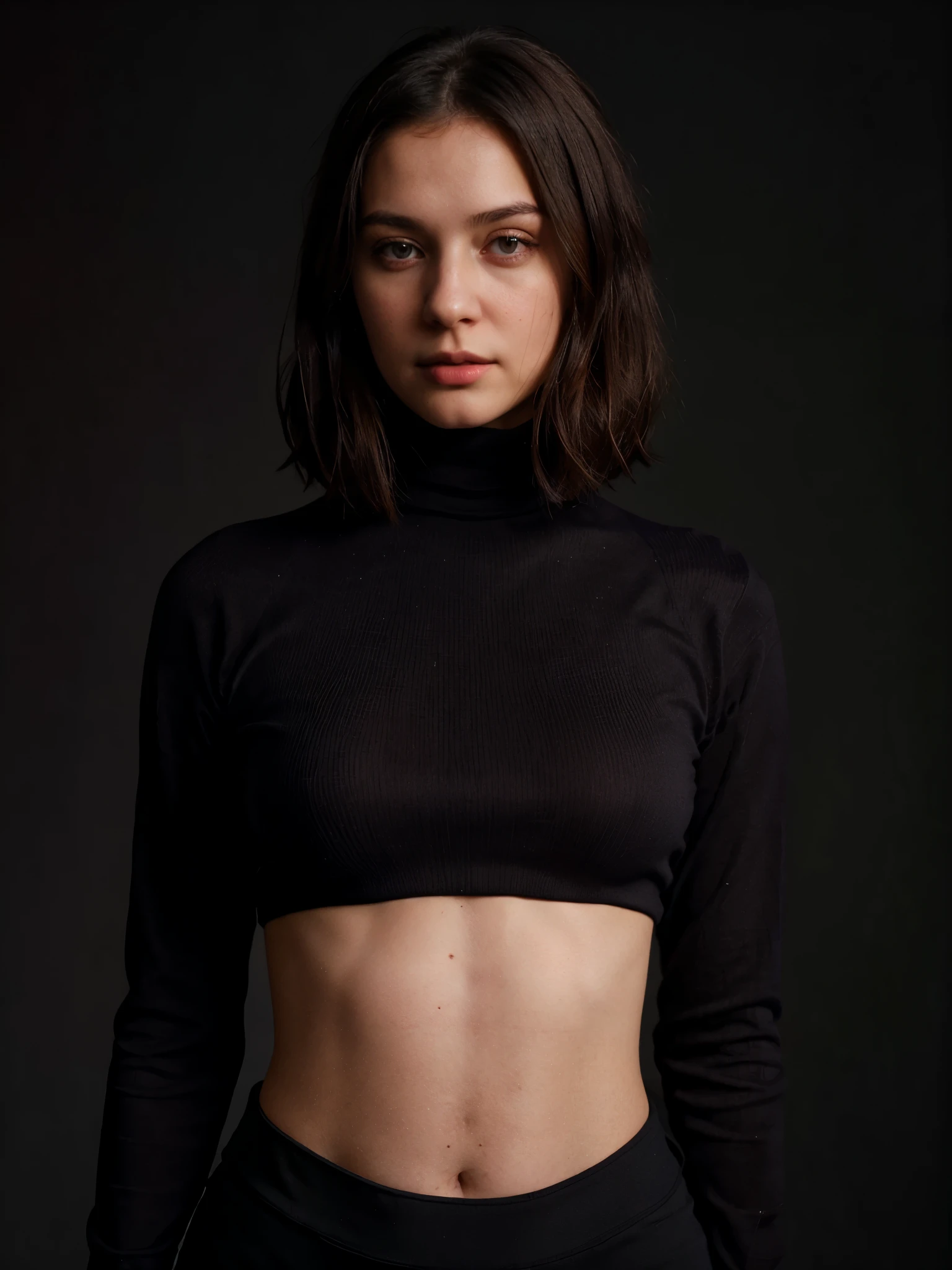 A stunning intricate full color portrait of (sks woman:1), wearing a black turtleneck with cropped in the belly part, cropped turtleneck, dark red plain background, epic character composition, by ilya kuvshinov, alessio albi, nina masic, sharp focus, natural lighting, subsurface scattering, f1.8, 35mm, film grain, black bob hair