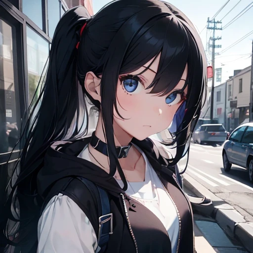 Girl, modern, cool, poker face, blue, black, cool outfit, blue and black hair, 1 red eye, 2 black eyes,White, beautiful, scary, cute,