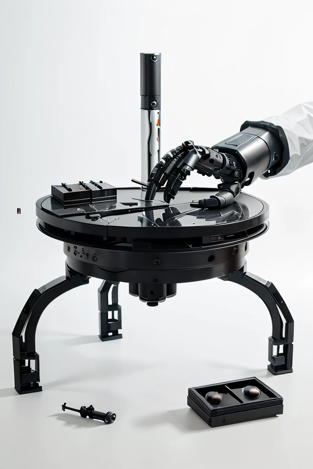 table with pieces of parts of a cyborg robot on white background