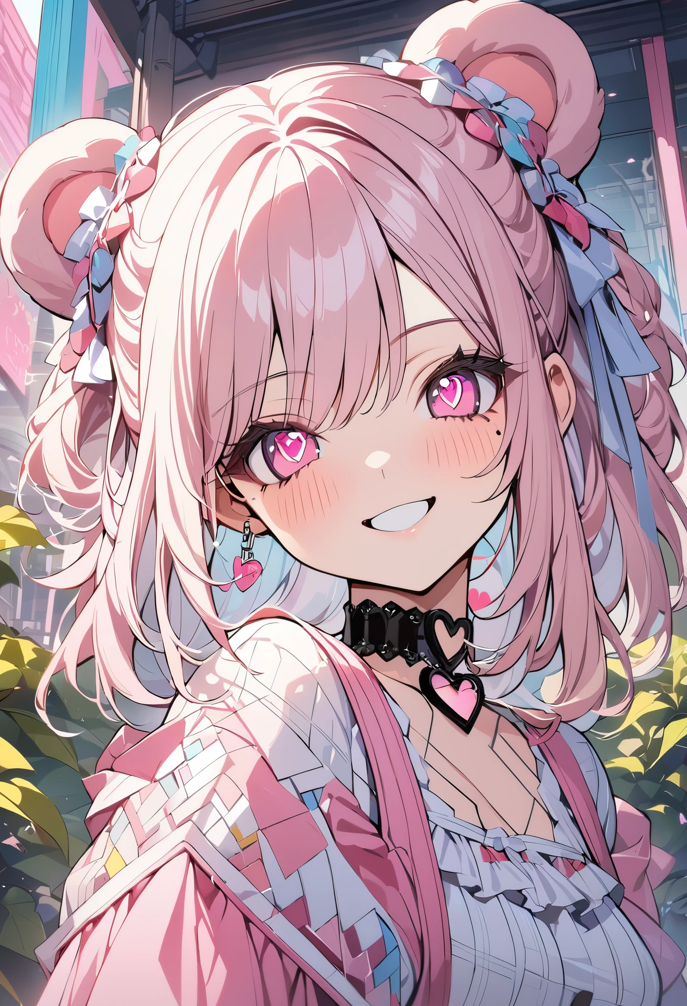 1 girl, pink long bun hair, heart shaped eyes,bear ears, {Pink bob hair bun girl、 The name Nami}, (Pink eye color), {downtown}, (smile), bright background , mole under eye, heart shaped choker, (masterpiece, highest quality), very detailed, highest quality, official art, beautiful and aesthetic: 1.2), (1 girl), very detailed, (geometry art: 1.3), colorful, most detailed ?d1 girl, pink long bun hair, Eye of the symbol, +__+, gothic costume, {A girl with long pink bun hair The name Nami}, (Pink eye color), {downtown}, (smile), bright background, (garden,beautiful flower々),mole under eye, heart shaped choker, (masterpiece, highest quality), official art, beautiful and aesthetic: 1.2), (1 girl), very detailed, (geometry art: 1.3), colorful