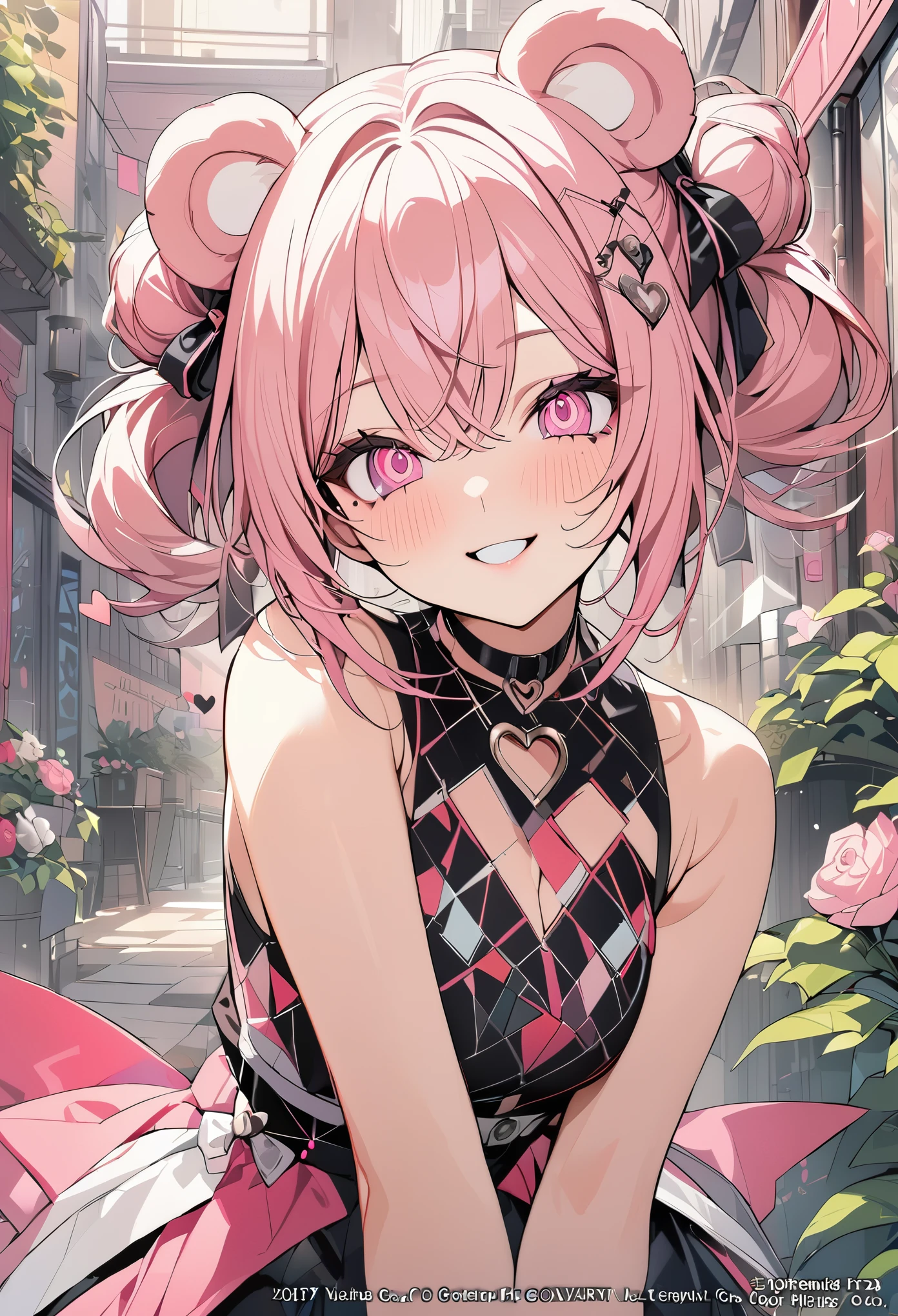 1 girl, pink long bun hair, heart shaped eyes,bear ears, {Pink bob hair bun girl、 The name Nami}, (Pink eye color), {downtown}, (smile), bright background , mole under eye, heart shaped choker, (masterpiece, highest quality), very detailed, highest quality, official art, beautiful and aesthetic: 1.2), (1 girl), very detailed, (geometry art: 1.3), colorful, most detailed ?d1 girl, pink long bun hair, Eye of the symbol, +__+, gothic costume, {A girl with long pink bun hair The name Nami}, (Pink eye color), {downtown}, (smile), bright background, (garden,beautiful flower々),mole under eye, heart shaped choker, (masterpiece, highest quality), official art, beautiful and aesthetic: 1.2), (1 girl), very detailed, (geometry art: 1.3), colorful