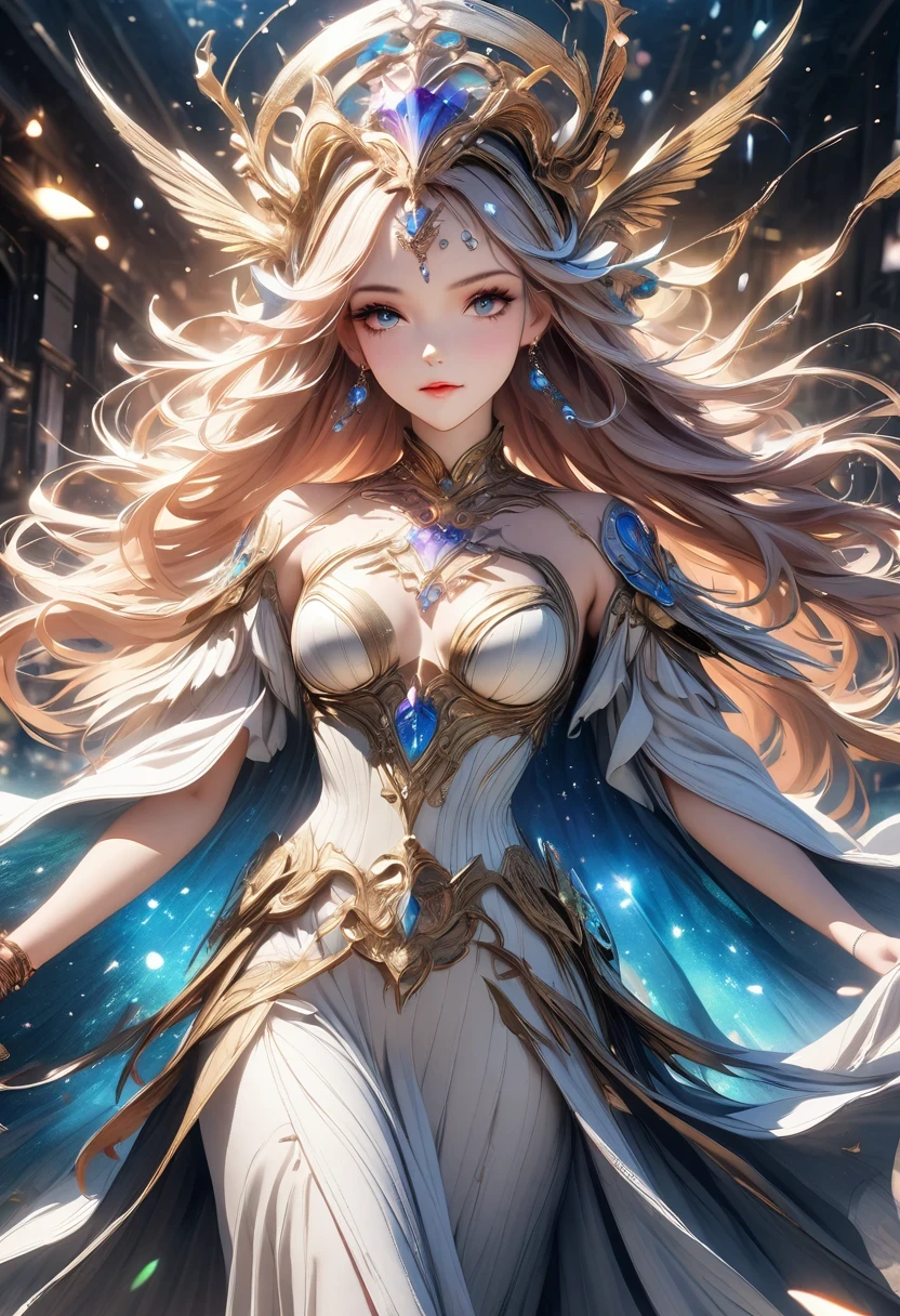 1 girl, (3D sculpture,A woman in a long dress stands on a cliff looking at the stars, space goddess, galaxy goddess, goddess in heaven, Astral ethereal, Dreamy, Beautiful celestial mage, beautiful fantasy painting, beautiful fantasy art, Ethereal fantasy, very beautiful fantasy art, digital art fantasy, Charming and otherworldly, fantasy beauty, Beautiful Art Ultra HD 4K Presented by Octane,Volumetric light,natural soft light,), (Super exquisite:1.2, Loss of focus:1.2, Very colorful, Cinema lighting, chiaroscuro,Ray tracing), masterpiece, super rich,super detailed,8K, 3ddianshang\(style\)