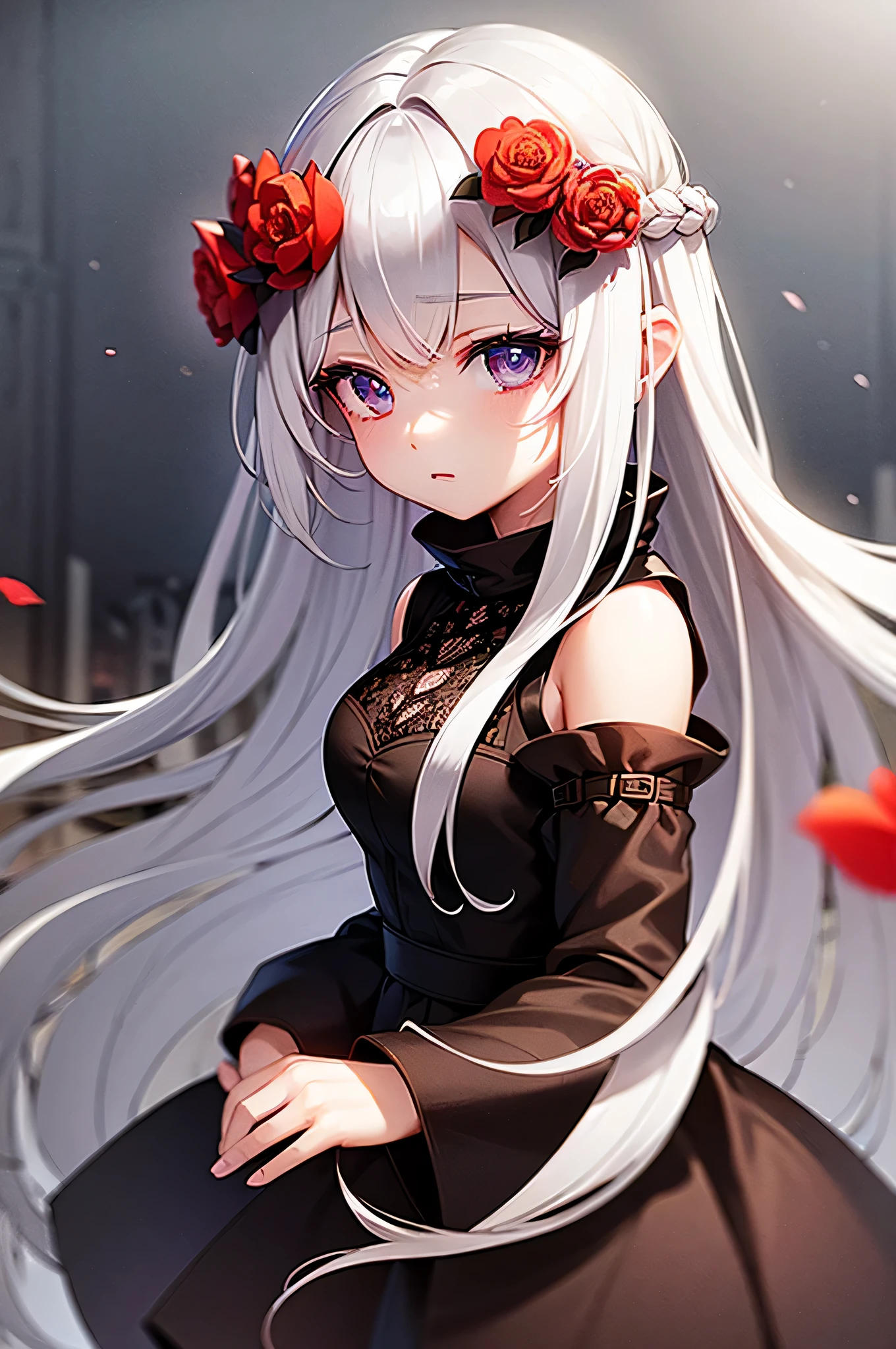 1girl,solo,1girl,solo,((beautiful detailed eyes)), (detailed light),depth of field,(white hair),silver eyes,hair over one eye,(red flower ), hair flower,long hair,black cloak,wet,emotionless,looking back,night,starfall,raining,fog,red flowers falling,sketch,upper body,intense shadows,