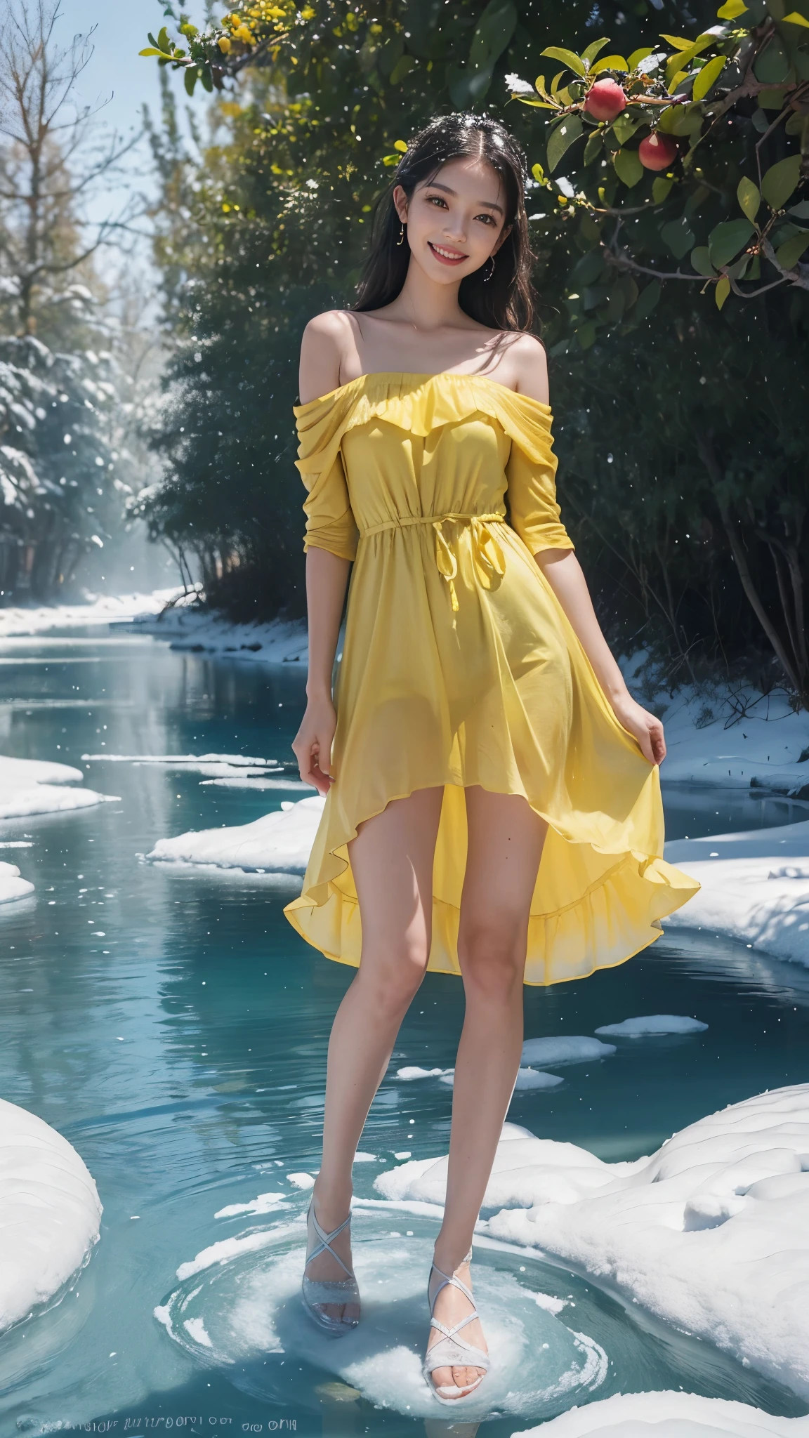 8k, masterpiece, RAW photo, best quality, photorealistic, extremely detailed CG unity 8k wallpaper, Depth of field, Cinematic Light, Lens Flare, Ray tracing, (extremely beautiful face, beautiful lips, beautiful eyes), intricate detail face, ((ultra detailed skin)) 1girl, in the dark, deep shadow, pretty Asian girl, idol, 1 girl, (very slim slender fit-muscled body:1.3), ((looking at viewer)),((big smile:1.3)), Women Summer Buffing Sleeve Off Shoulder Mini Dress a Line Flowy Swing Dress, lime green, verde claro, cetim, Este, vestido de cetim, organza silk, ((Standing in front of Guava Fruits trees)), ((too many Guava Fruits in trees)), ((Perfect yellow Guava Fruits)), ((Rose trees)), ((pine trees)), ((Snow Fall)), ((Snow Fall on fruits)), ((snow fall on trees)), (( frozen river floating in Legs)), ((many fruit are floating in water and frozen in ice)), 