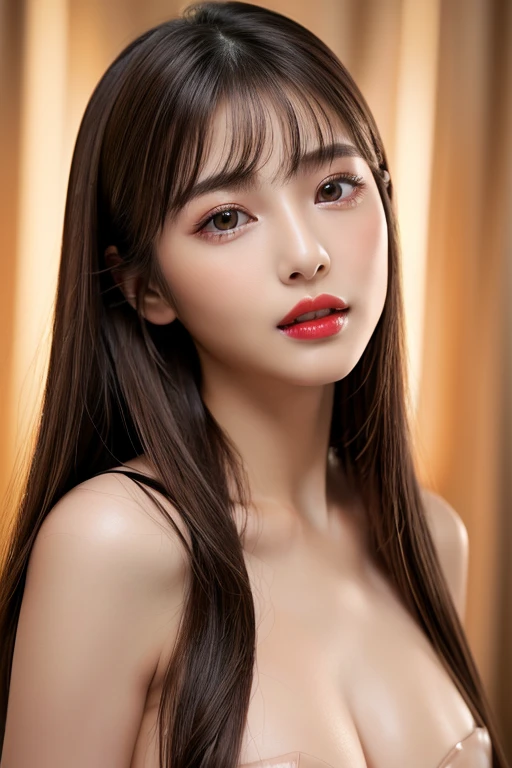 (highest quality、table top、8K、best image quality、Award-winning work)、(one young girl, 14 years old:1.3)、(red eyeshadow:1.2)、perfect makeup、long eyelashes、Super high-definition sparkling eyes、ultra high definition hair、ultra high resolution glossy lips、Super high resolution perfect teeth、Super high resolution cute face、brown hair、(very long straight hair:1.1)、look at me and smile、[clavicle]、accurate anatomy、(close up of face:1.5)、Luxury love hotel、(The most moody warm lighting:1.2)、blurred background、Super high-resolution glossy and moisturized face、Super high resolution glowing skin、most detailed face、Ultra high resolution detailed faces、ultra high resolution hair、Super high resolution sparkling eyes、Beautiful face drawn in every detail、Super high resolution glossy red lips、(((Naked 1.5)))、(((full nude 1.5)))、(Emphasize the chest1.5)、