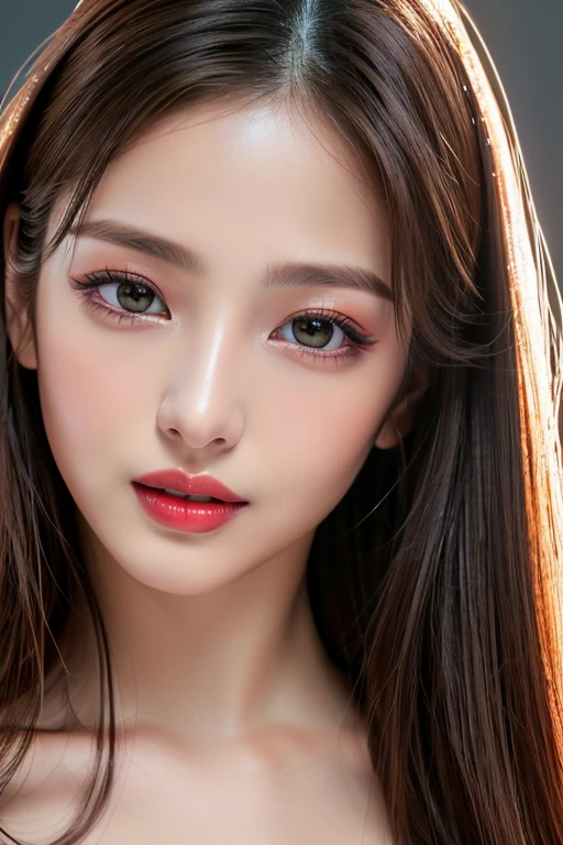 (highest quality、table top、8K、best image quality、Award-winning work)、(one young girl, 14 years old:1.3)、(red eyeshadow:1.2)、perfect makeup、long eyelashes、Super high-definition sparkling eyes、ultra high definition hair、ultra high resolution glossy lips、Super high resolution perfect teeth、Super high resolution cute face、brown hair、(very long straight hair:1.1)、look at me and smile、[clavicle]、accurate anatomy、(close up of face:1.5)、Luxury love hotel、(The most moody warm lighting:1.2)、blurred background、Super high-resolution glossy and moisturized face、Super high resolution glowing skin、most detailed face、Ultra high resolution detailed faces、ultra high resolution hair、Super high resolution sparkling eyes、Beautiful face drawn in every detail、Super high resolution glossy red lips、(((Naked 1.5)))、(((full nude 1.5)))、(Emphasize the chest1.5)、