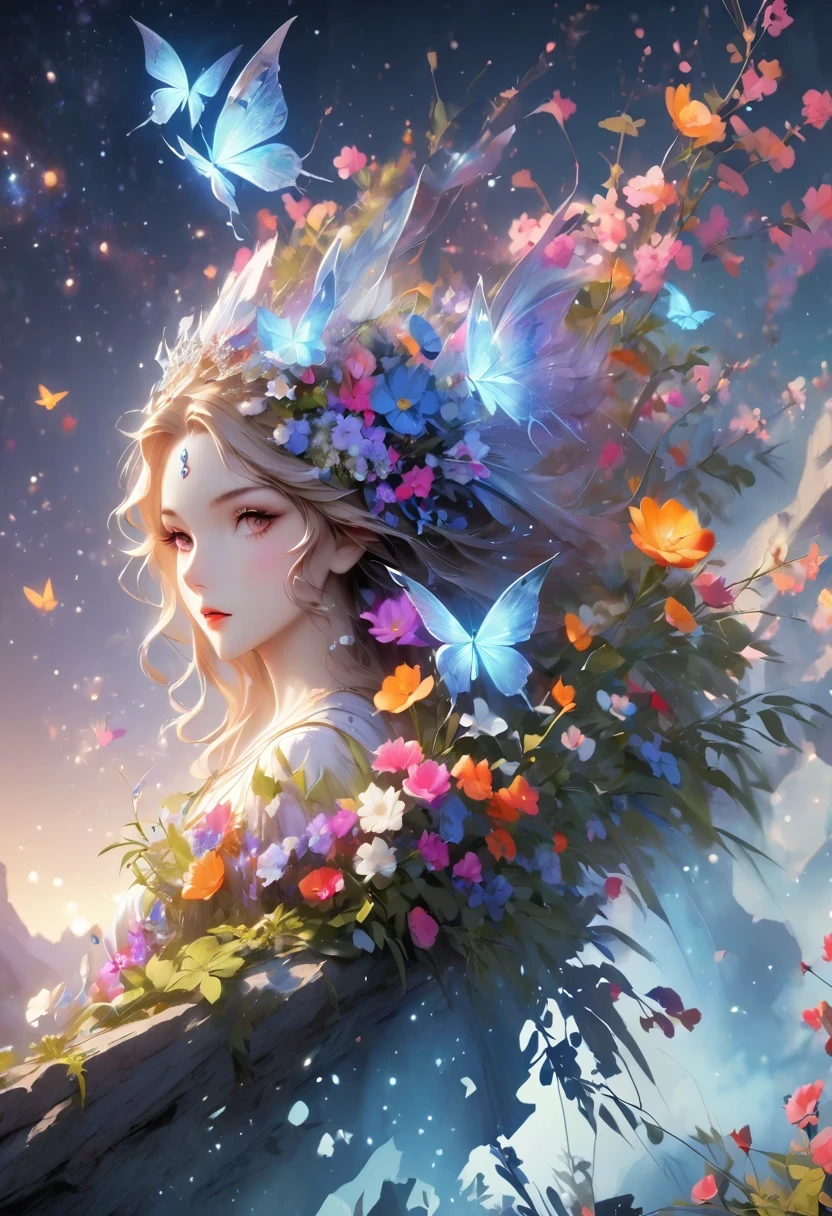 1 girl, (3D sculpture，A woman in a long dress stands on a cliff looking at the stars, space goddess, galaxy goddess, goddess in heaven, Astral ethereal, Dreamy, Beautiful celestial mage, beautiful fantasy painting, beautiful fantasy art, Ethereal fantasy, very beautiful fantasy art, digital art fantasy, Charming and otherworldly, fantasy beauty, Beautiful Art Ultra HD 4K Presented by Octane，Volumetric light，natural soft light，), (Super exquisite:1.2, Loss of focus:1.2, Very colorful, Cinema lighting, chiaroscuro,Ray tracing), masterpiece, super rich,super detailed,8K, 3ddianshang\(style\)