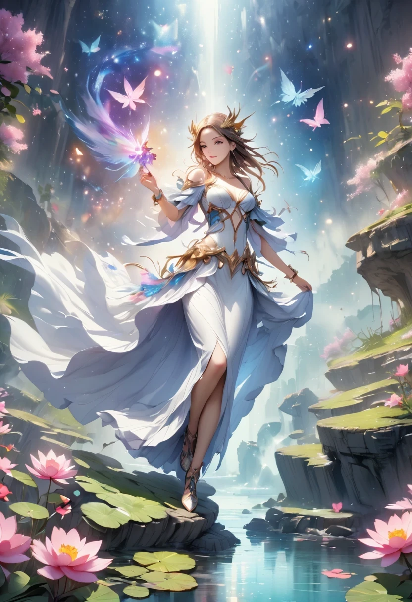 1 girl, (3D sculpture,A woman in a long dress stands on a cliff looking at the stars, space goddess, galaxy goddess, goddess in heaven, Astral ethereal, Dreamy, Beautiful celestial mage, beautiful fantasy painting, beautiful fantasy art, Ethereal fantasy, very beautiful fantasy art, digital art fantasy, Charming and otherworldly, fantasy beauty, Beautiful Art Ultra HD 4K Presented by Octane,Volumetric light,natural soft light,), (Super exquisite:1.2, Loss of focus:1.2, Very colorful, Cinema lighting, chiaroscuro,Ray tracing), masterpiece, super rich,super detailed,8K, 3ddianshang\(style\)