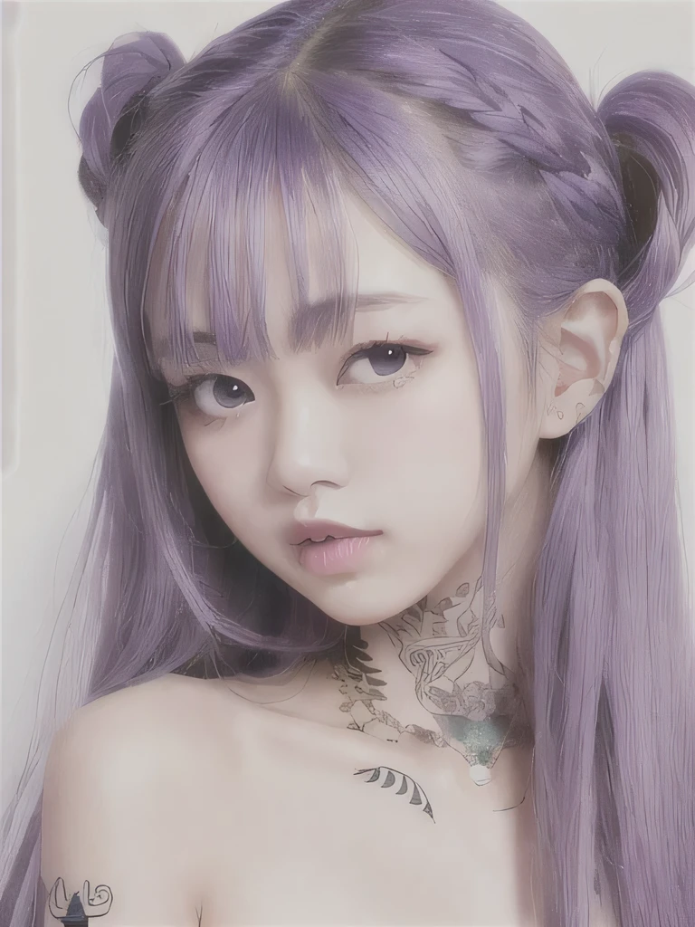 live-action、Realistic、A young girl standing in the grass、The age is6age、16K、naked、Small breasts、completely naked、twin tails、bright purple hair、blue eyes、Purple Hair、elf ears、clavicle、young girl、completely naked、naked、young girl、Braid、ponytail、nipple、ethnic tattoo on neck、upper body close-up、ethnic tattoo、tattoo、tattoo on neck、