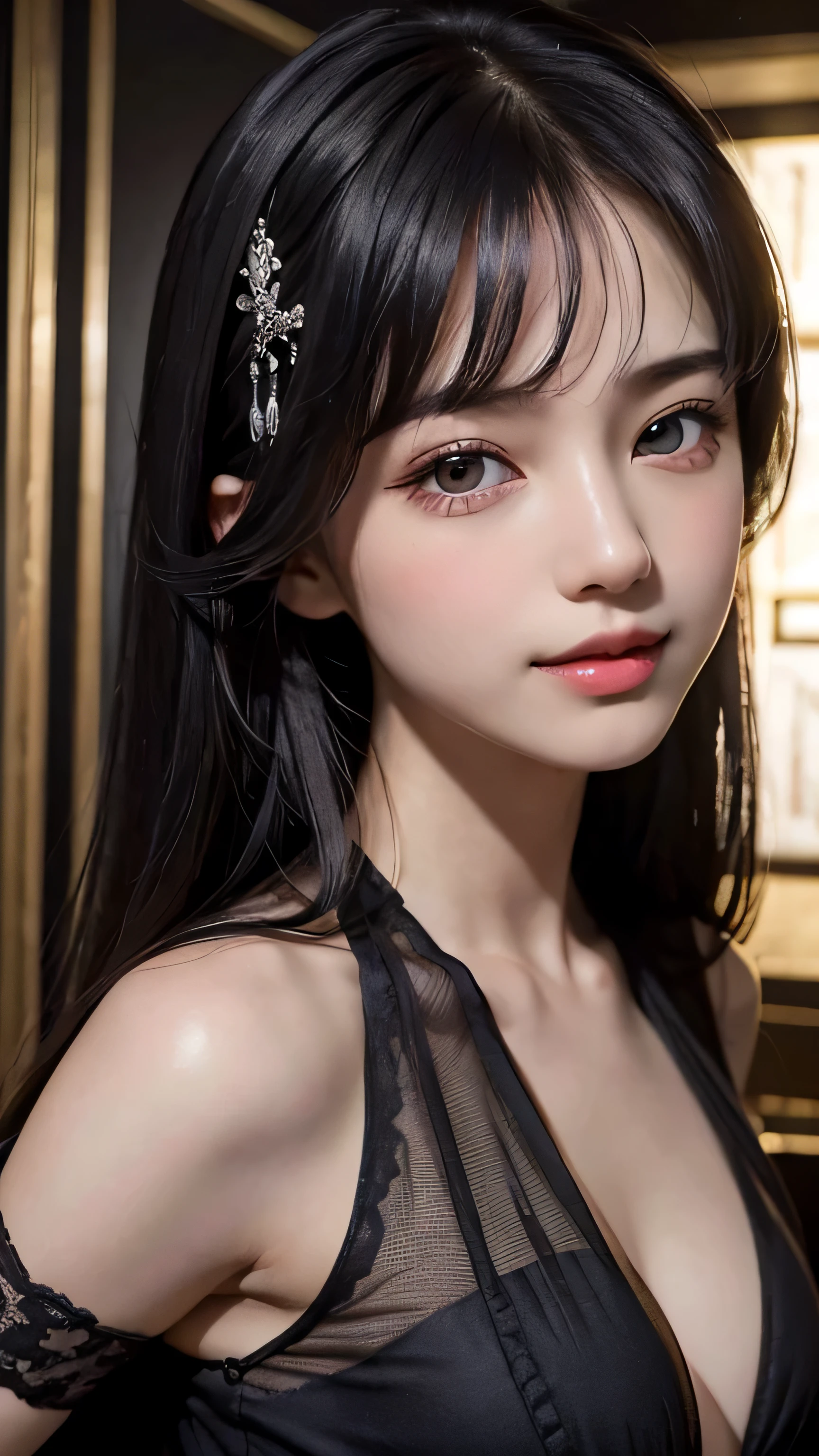 A close up of a woman in a black dress posing for a picture - SeaArt AI