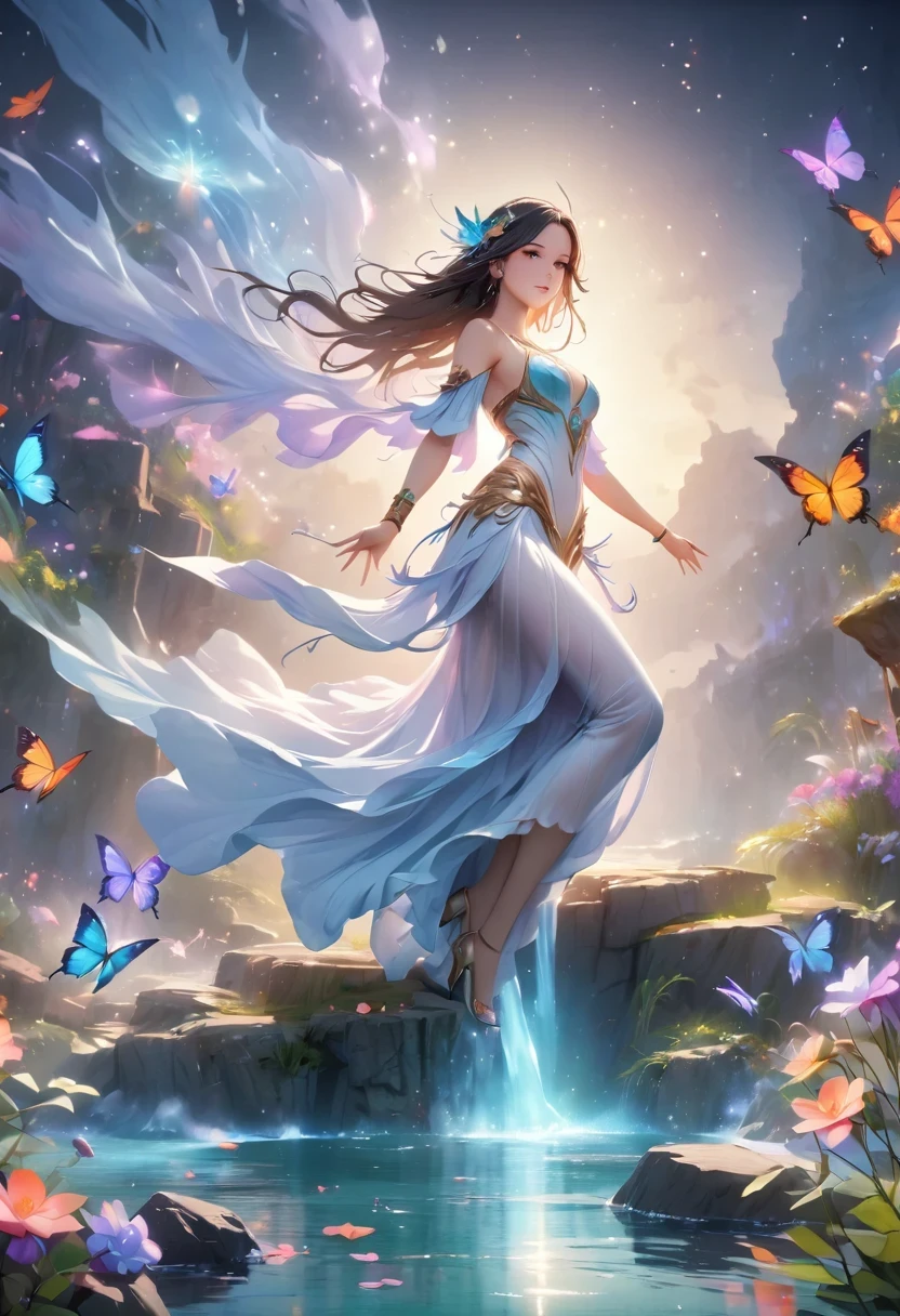 1 girl, (3D sculpture，A woman in a long dress stands on a cliff looking at the stars, space goddess, galaxy goddess, goddess in heaven, Astral ethereal, Dreamy, Beautiful celestial mage, beautiful fantasy painting, beautiful fantasy art, Ethereal fantasy, very beautiful fantasy art, digital art fantasy, Charming and otherworldly, fantasy beauty, Beautiful Art Ultra HD 4K Presented by Octane，Volumetric light，natural soft light，), (Super exquisite:1.2, Loss of focus:1.2, Very colorful, Cinema lighting, chiaroscuro,Ray tracing), masterpiece, super rich,super detailed,8K, 3ddianshang\(style\)