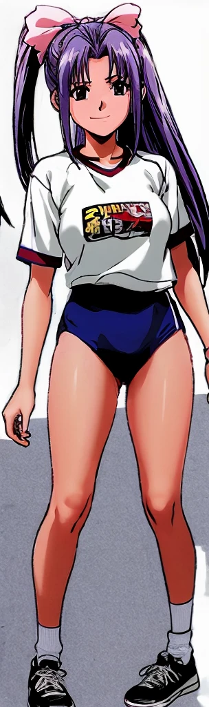 Momoko Koigakubo, who is tall and has beautiful legs, is wearing white gym clothes and bright blue panty-shaped bloomers, smiling and standing with her legs spread to the side and her mouth open.。Doing Comanechi pose。