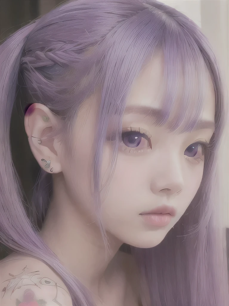 live-action、Realistic、A young girl standing in the grass、The age is6age、16K、naked、Small breasts、completely naked、twin tails、bright purple hair、blue eyes、Purple Hair、elf ears、clavicle、young girl、completely naked、naked、young girl、Braid、ponytail、nipple、Ethnic tattoo on neck、upper body close-up、ethnic tattoo、