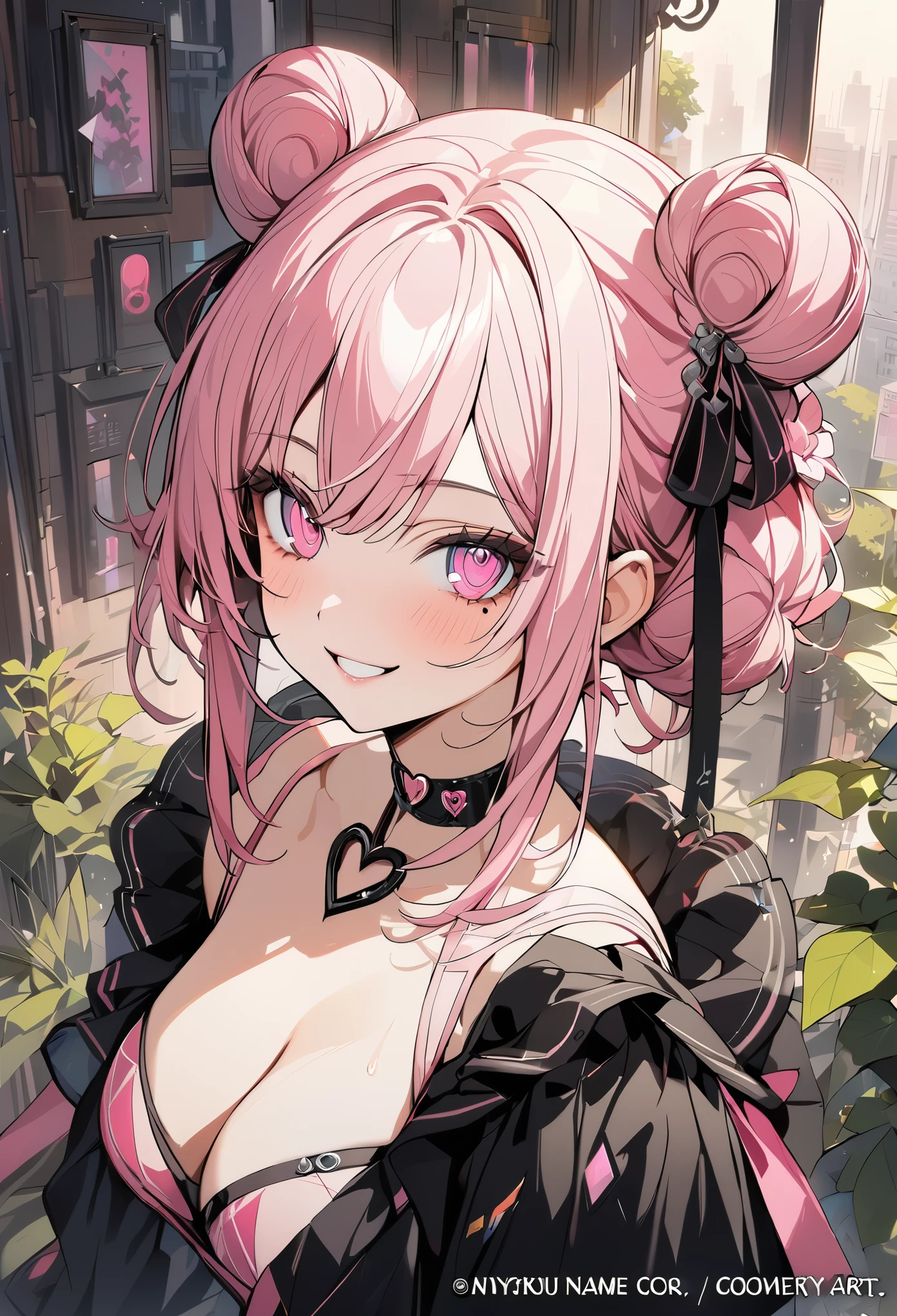 1 girl, pink long bun hair, heart shaped eyes,bear ears, {Pink bob hair bun girl、 The name Nami}, (Pink eye color), {downtown}, (smile), bright background , mole under eye, heart shaped choker, (masterpiece, highest quality), very detailed, highest quality, official art, beautiful and aesthetic: 1.2), (1 girl), very detailed, (geometry art: 1.3), colorful, most detailed ?d1 girl, pink long bun hair, Eye of the symbol, +__+, gothic costume, {A girl with long pink bun hair The name Nami}, (Pink eye color), {downtown}, (smile), bright background, （garden,beautiful flower々）,mole under eye, heart shaped choker, (masterpiece, highest quality), official art, beautiful and aesthetic: 1.2), (1 girl), very detailed, (geometry art: 1.3), colorful